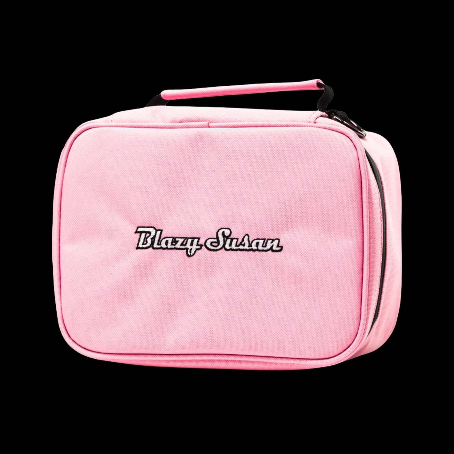 Front-facing close-up of a pink Blazy Susan Stash Bag with embroidered logo, top handle and visible side zipper against a black background