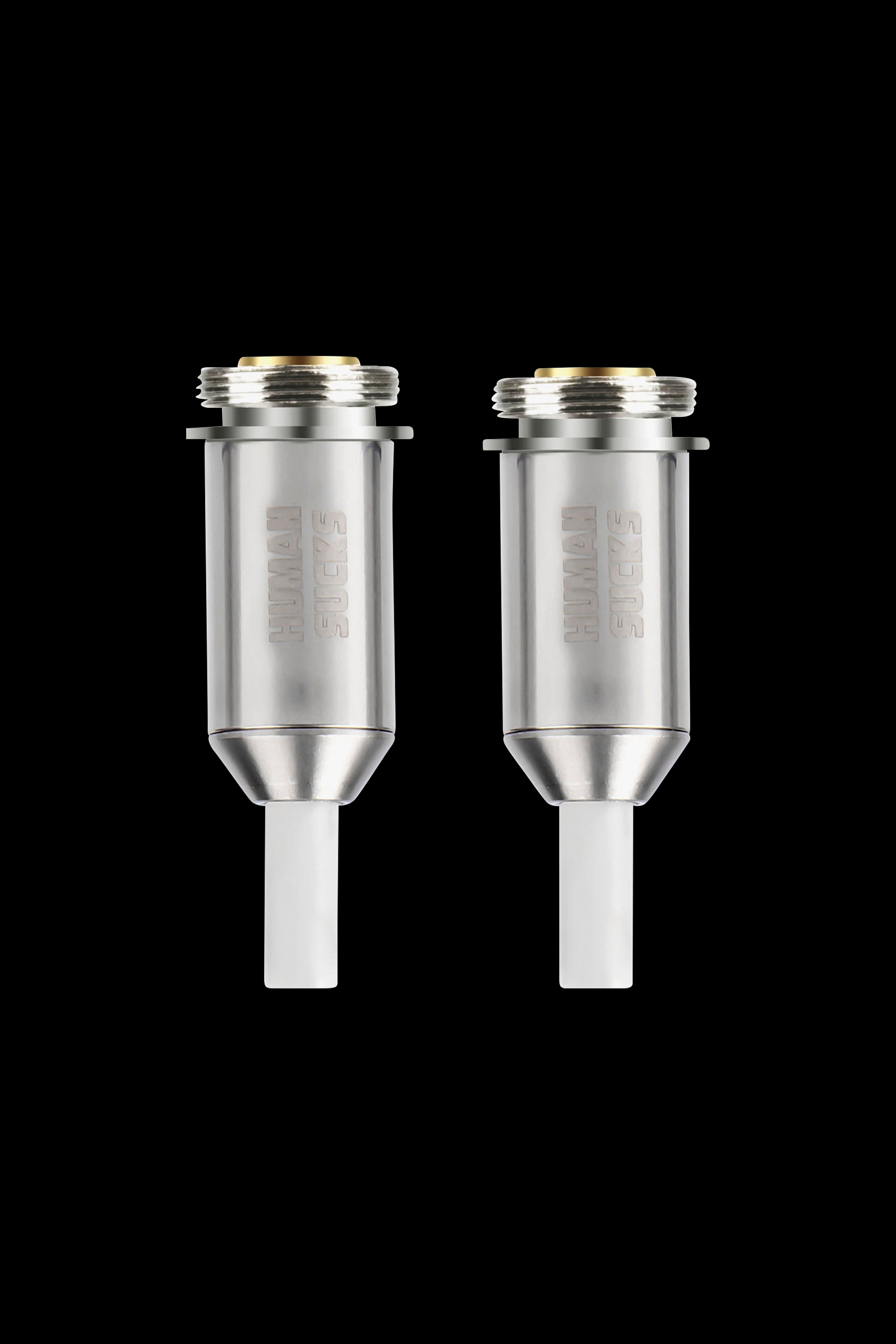 Two metallic cannabis oil vape cartridges against a black background.