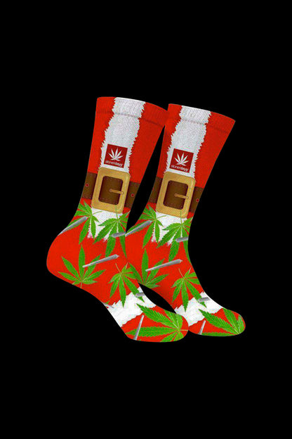 Red crew socks with a cannabis leaf and belt buckle design.