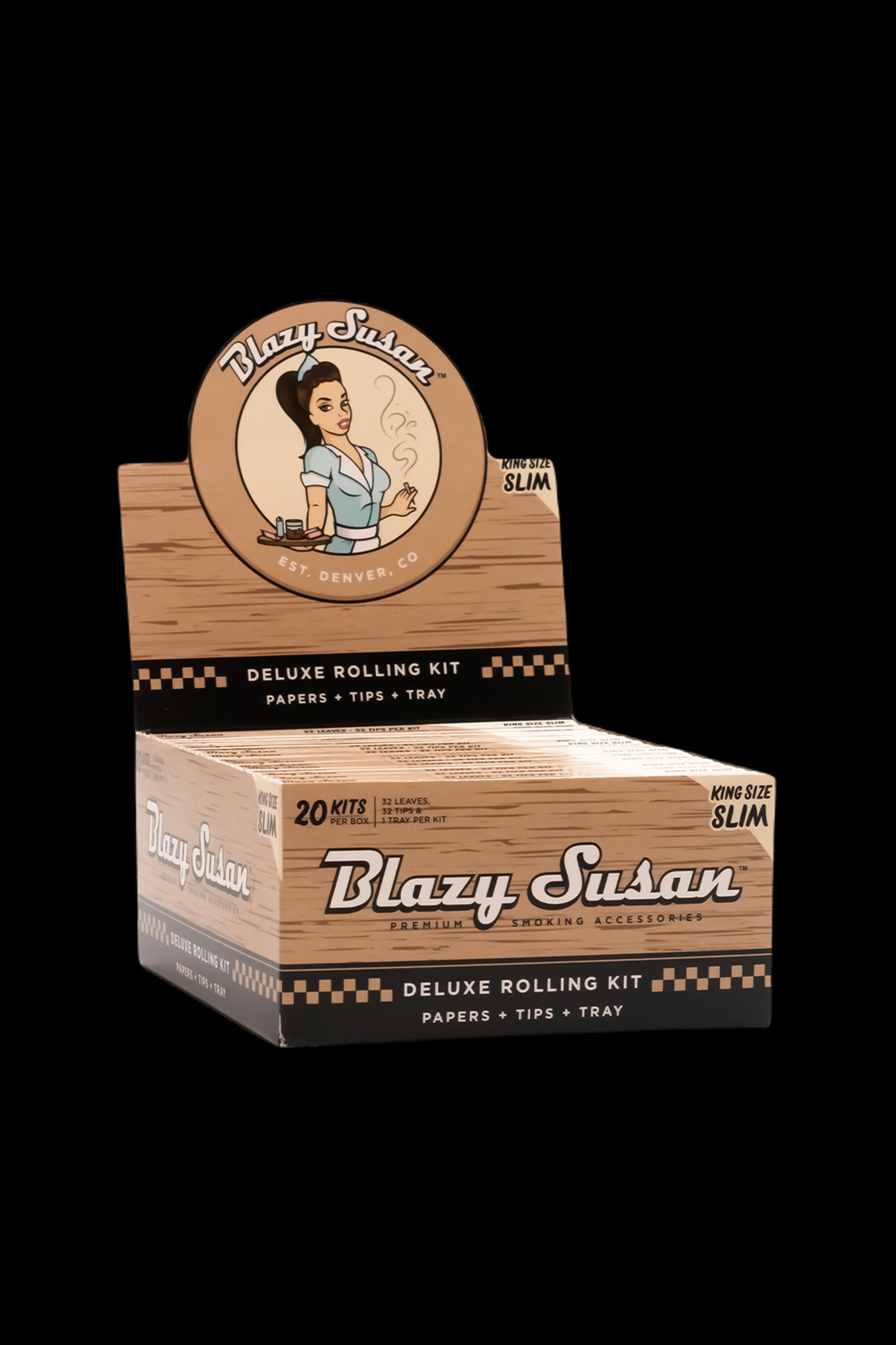 Blazy Susan Deluxe Rolling Kit packaging, featuring a vintage-style illustration and branding, with text indicating it includes papers, tips, and a tray.