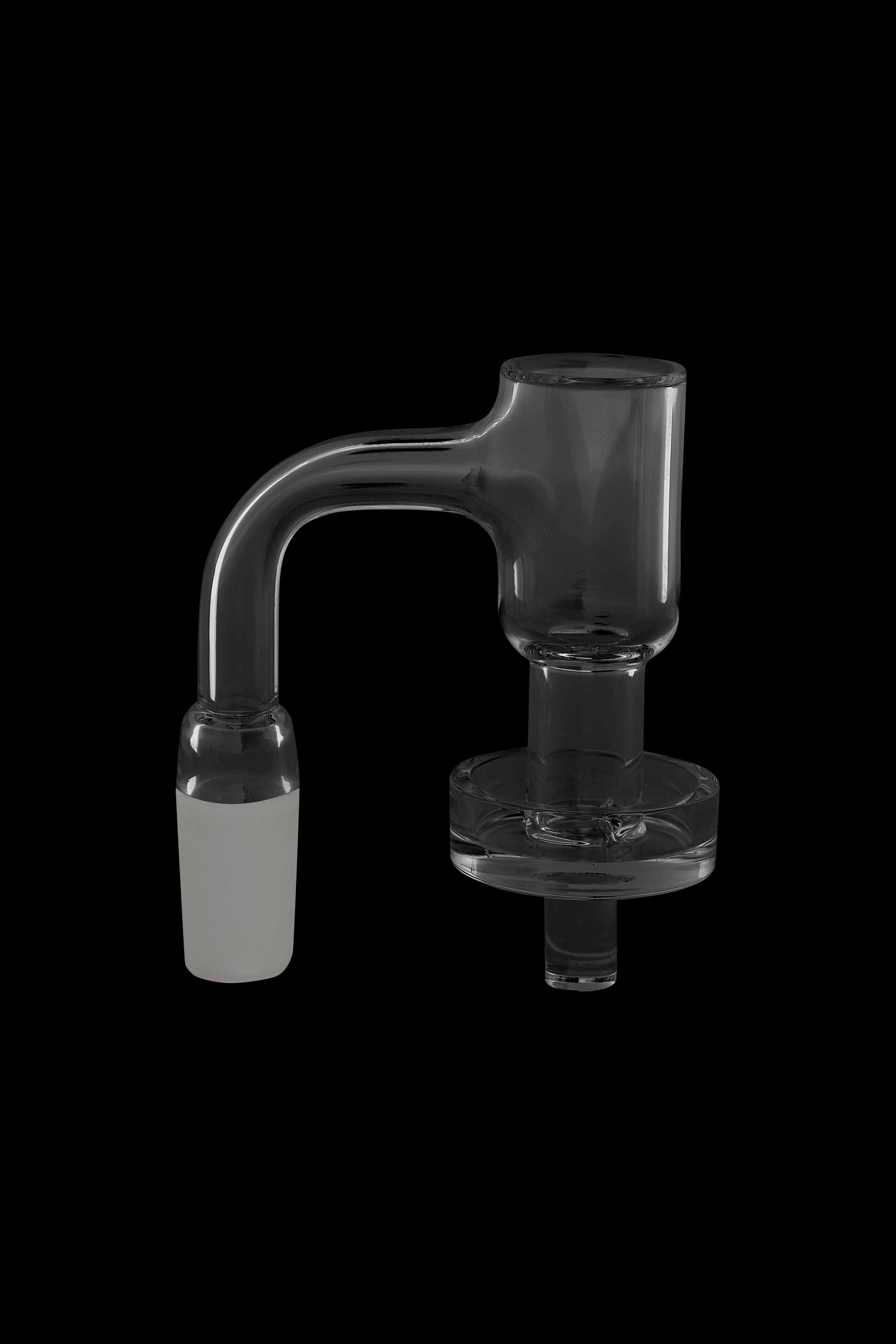 Clear glass dab rig insert with angled neck and circular base, isolated on a black background.
