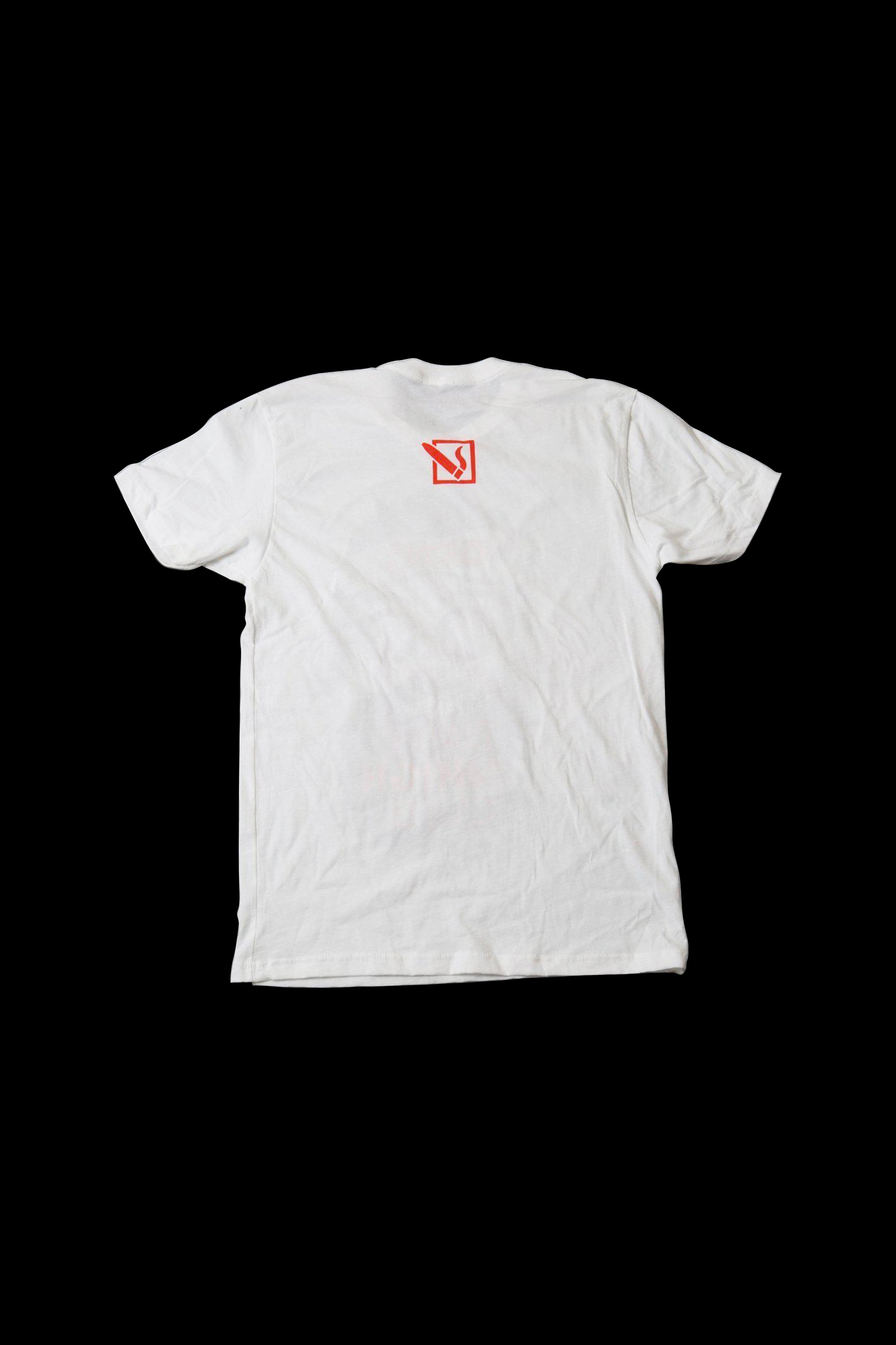 White t-shirt with a small red cannabis leaf symbol on the back.
