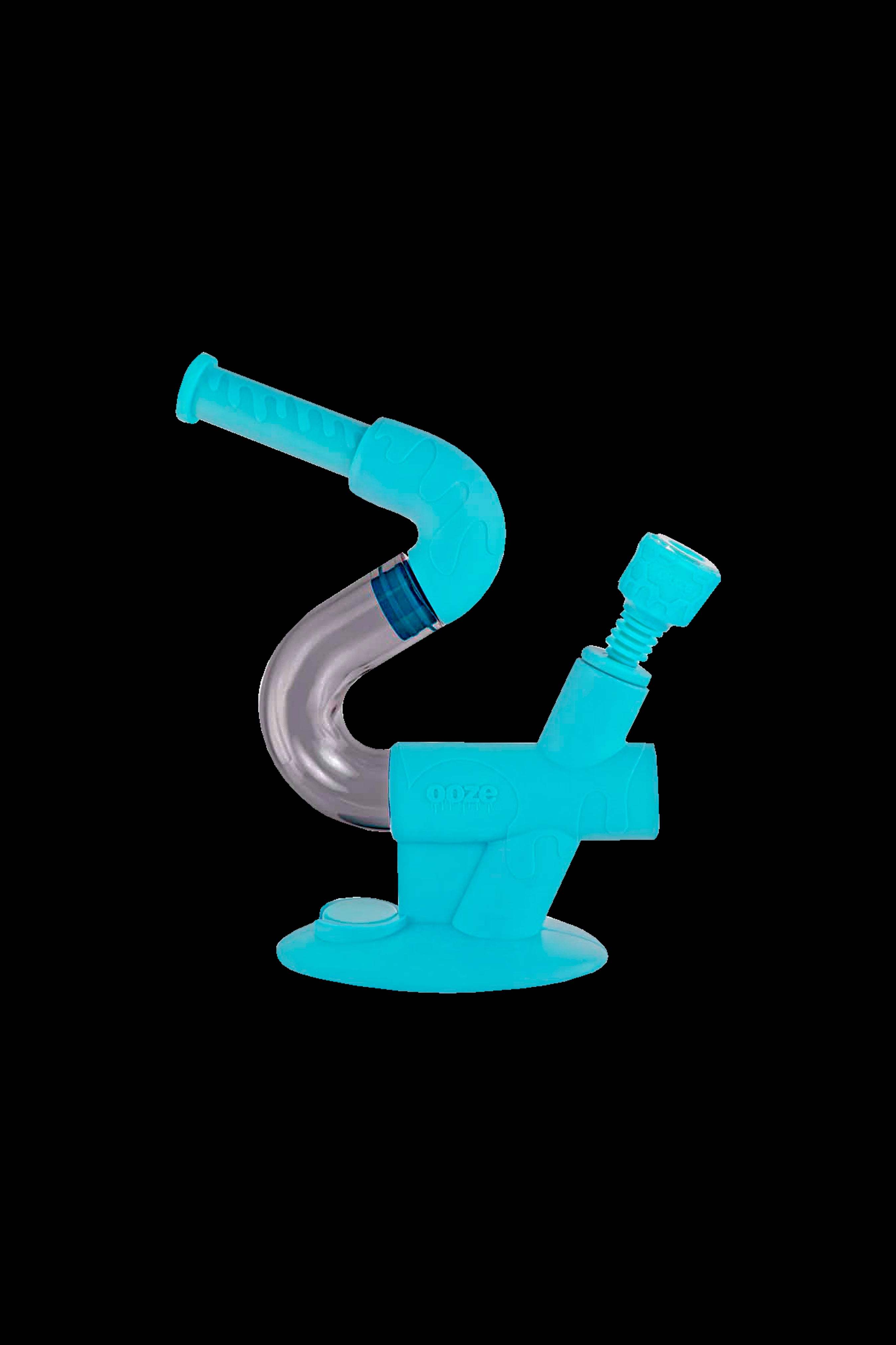 Blue glass water pipe, also known as a rig, isolated on a white background.