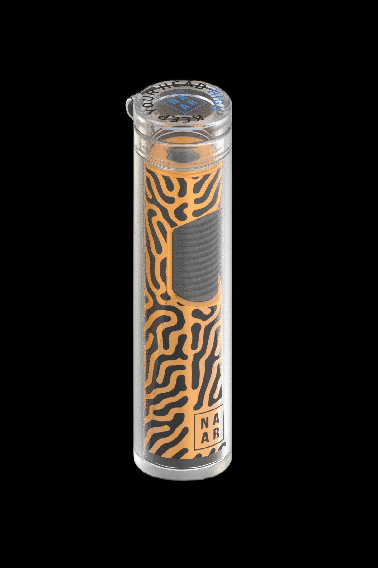 Clear glass bubbler pipe with a black coil and patterned design, branded "NAR".