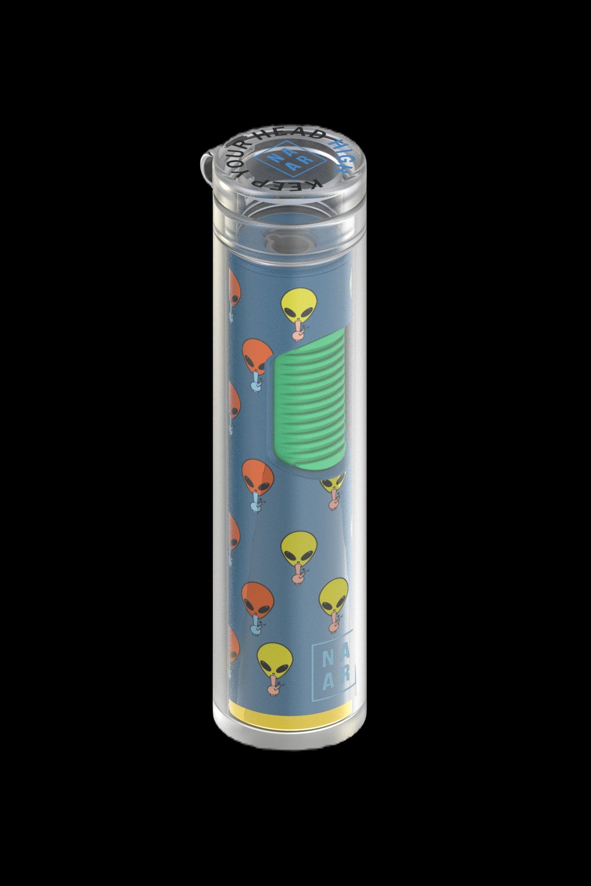 Clear acrylic tube with an alien-themed design, likely a container for a cannabis pre-roll or other smoking accessory.