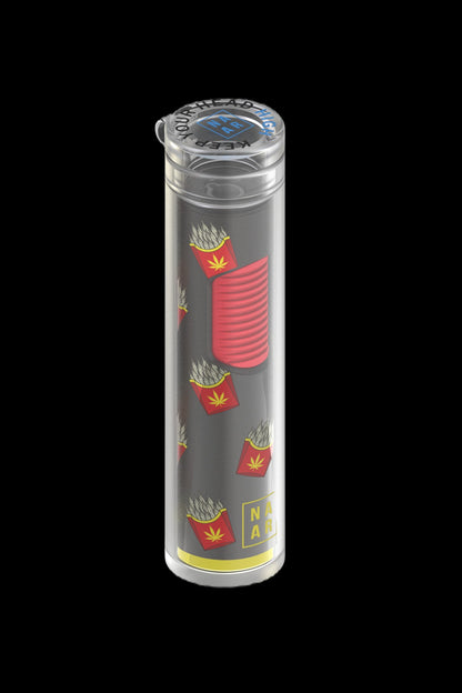 Clear acrylic tube with a red silicone insert, decorated with a repeating french fry and cannabis leaf pattern, and branded with "NA" at the base.