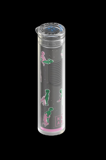 Clear acrylic tube container decorated with cartoon alien graphics, likely for cannabis storage.