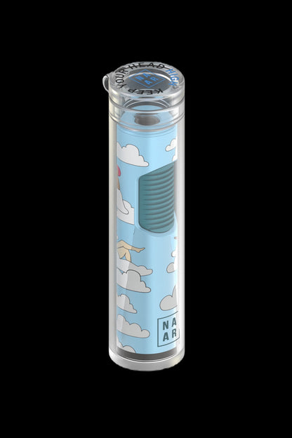 Clear acrylic cannabis storage tube with cloud-patterned design and a filled cartridge inside.