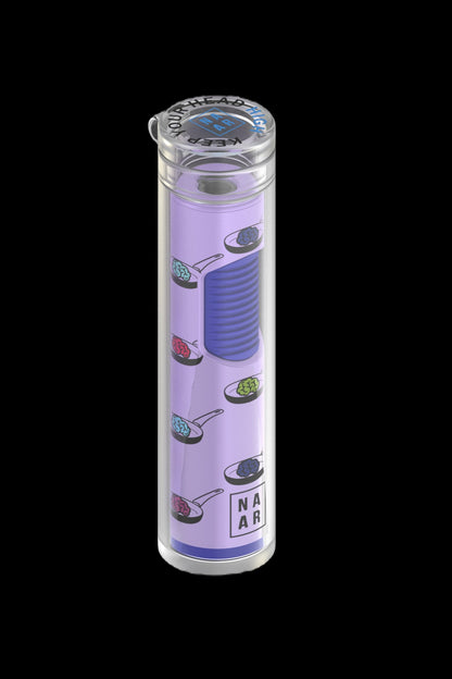 Purple glass bubbler with cannabis leaf and cooking-themed illustrations.