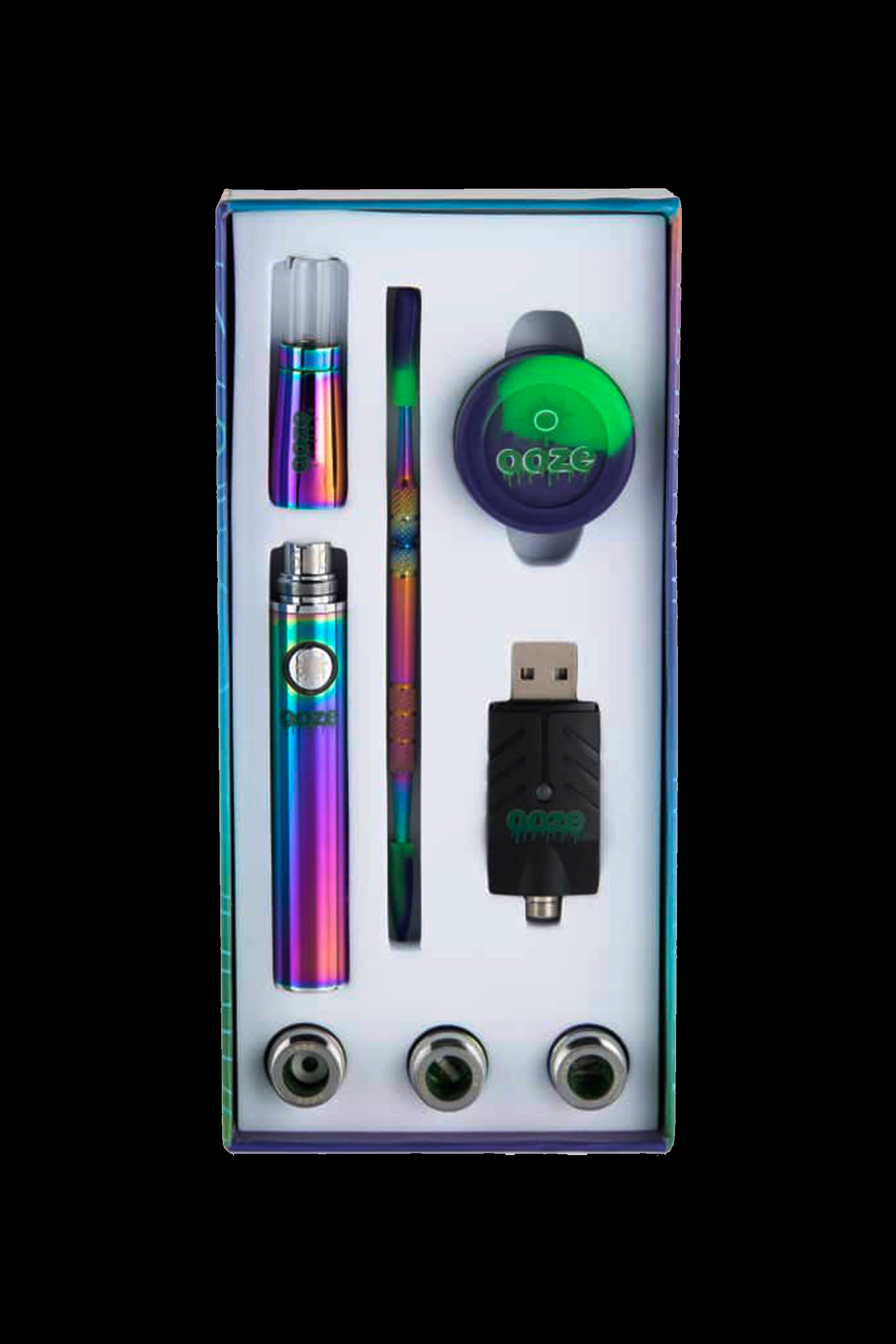 Colorful cannabis vape pen kit with cartridges and charger in a gift box.
