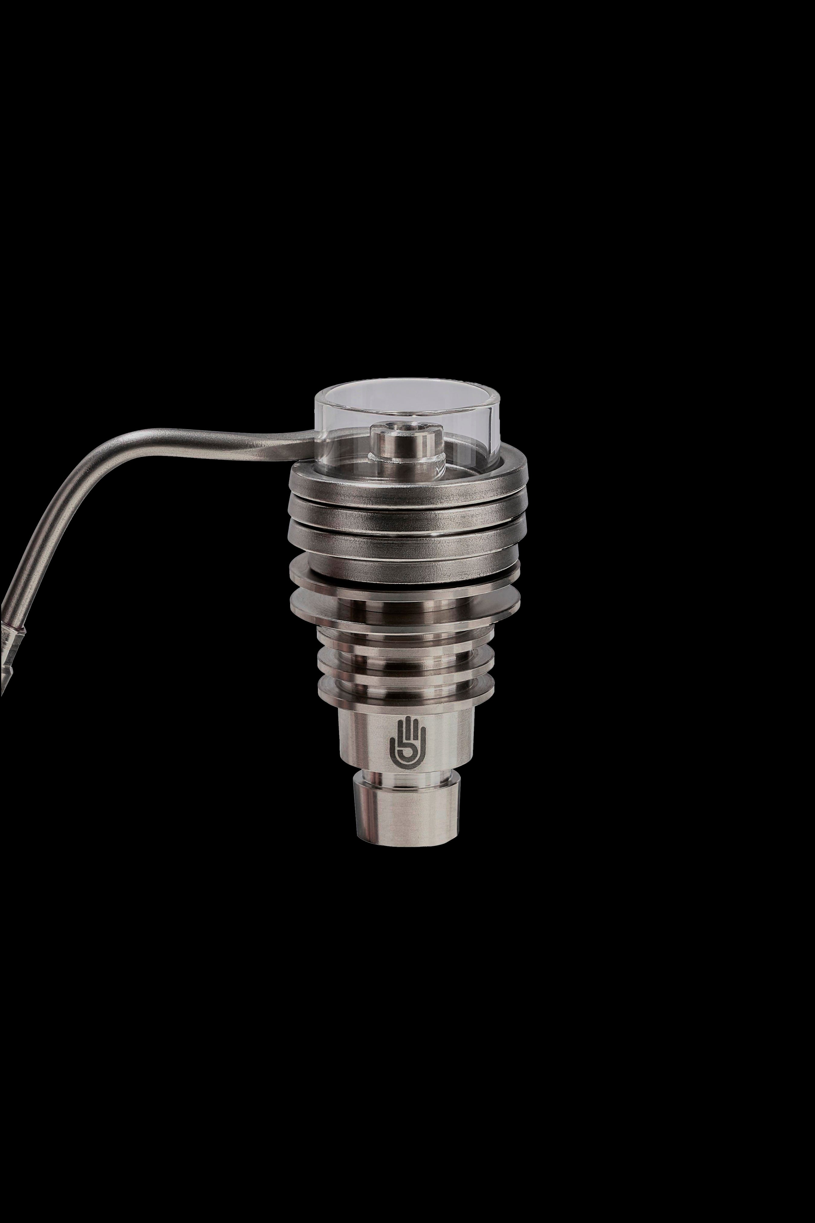 Silver cannabis concentrate vaporizer coil with a glass carb cap attached.