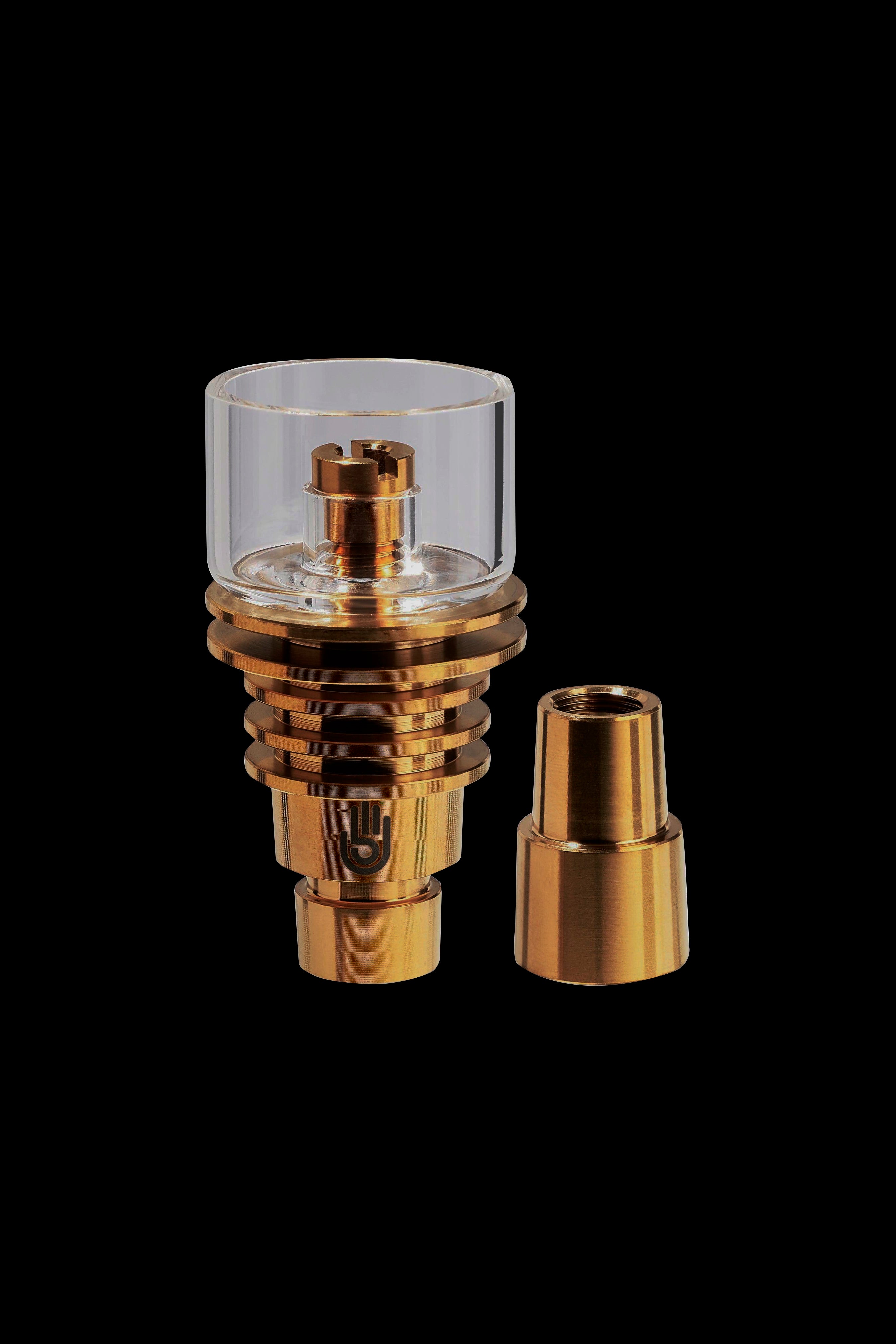 Quartz banger and carb cap for dabbing cannabis concentrates, metallic rose gold finish.