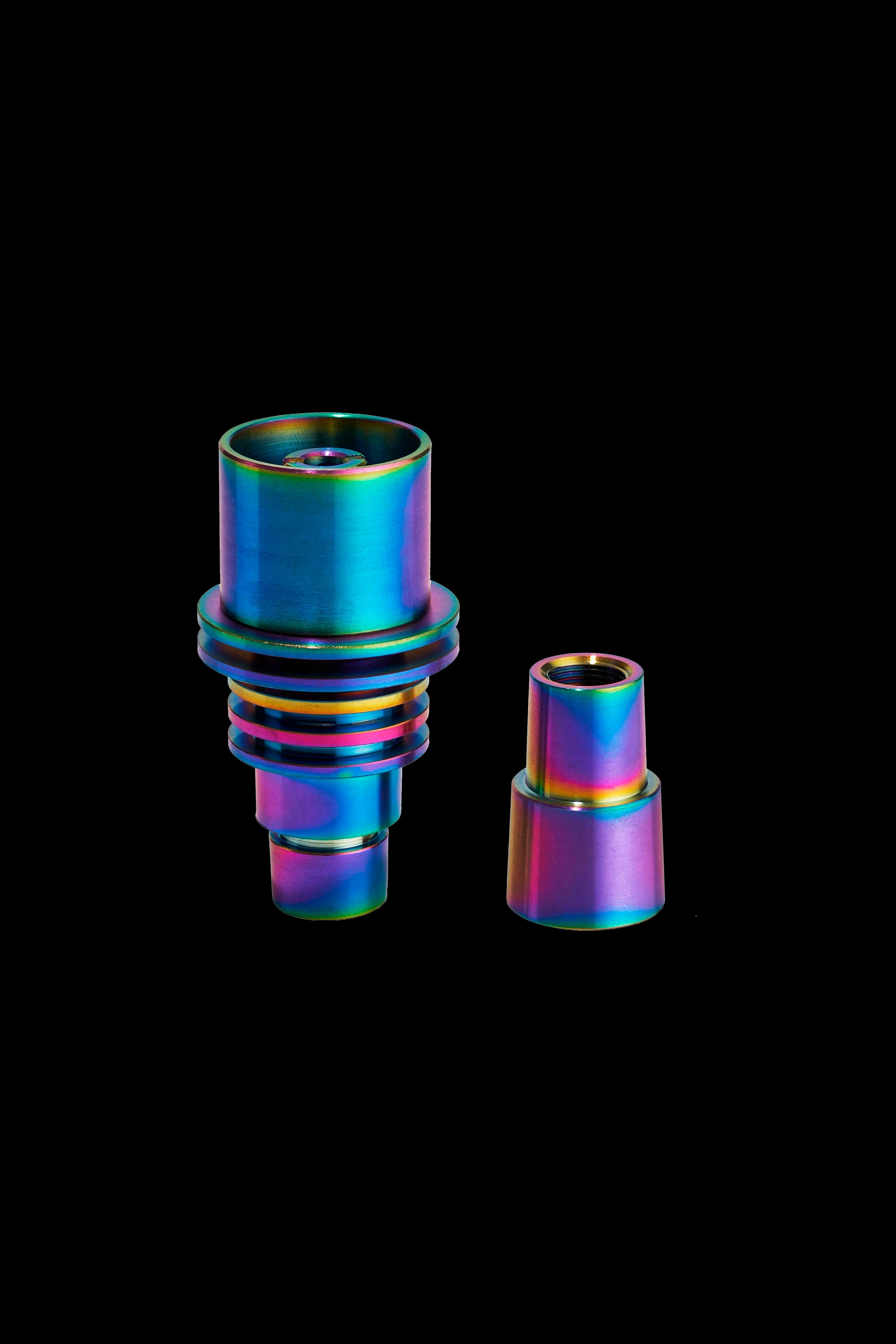 Iridescent titanium nail and enail carb cap for vaporizing cannabis concentrates, displayed against a black background.