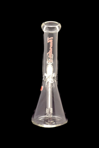 Clear glass bong with downstem, isolated on a black background.