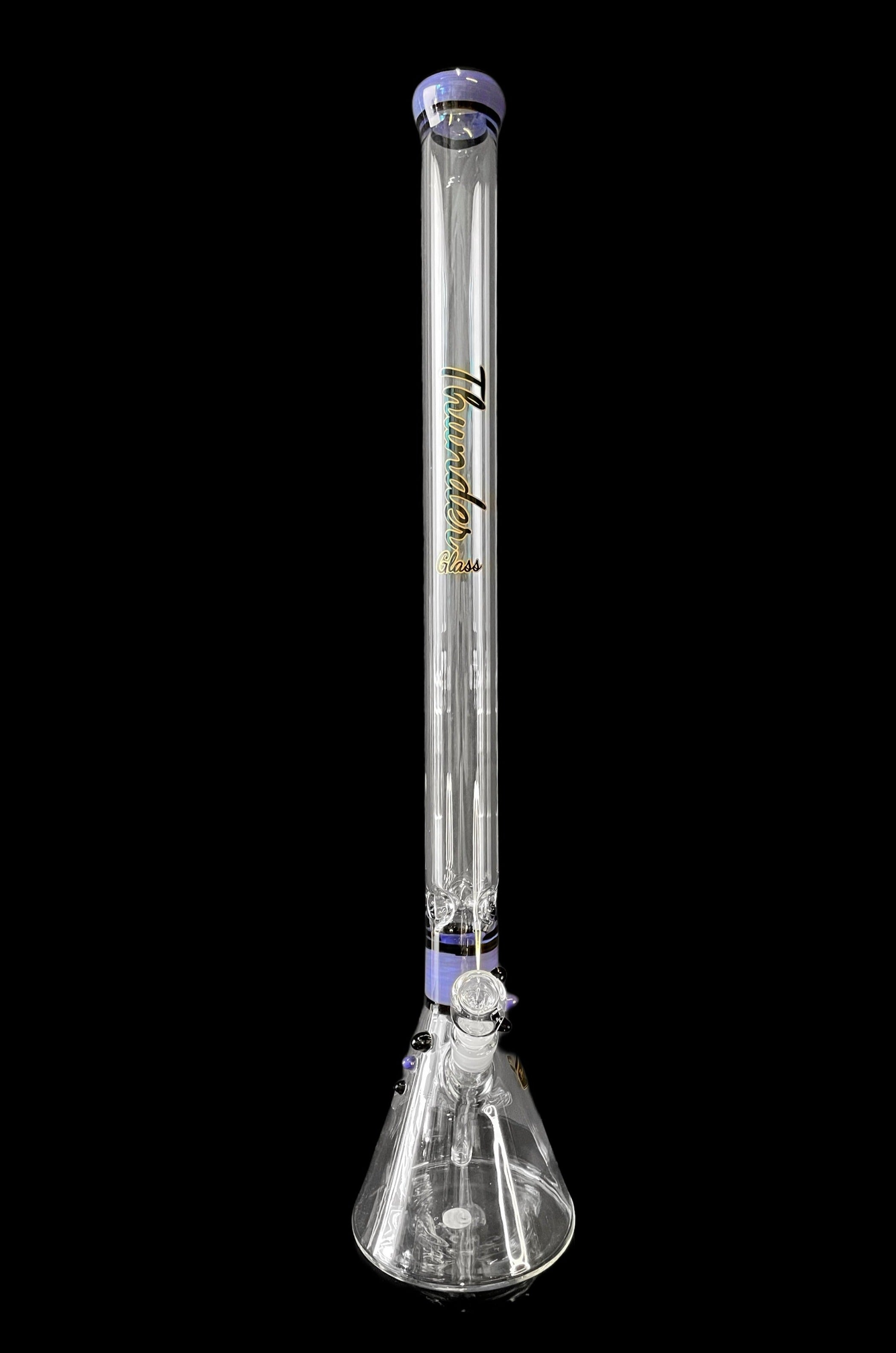 Clear glass bong with blue accents and the text "Thunder Bliss" vertically along the tube, against a black background.