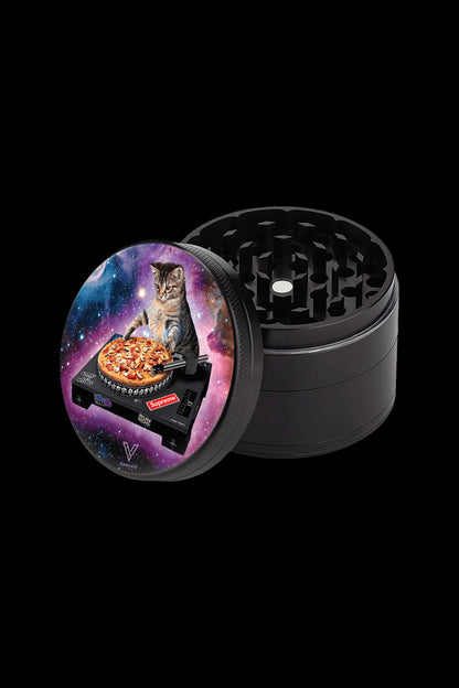 A black metal grinder with a lid decorated with a cosmic, colorful illustration of a cat riding a pizza slice, featuring Supreme branding.