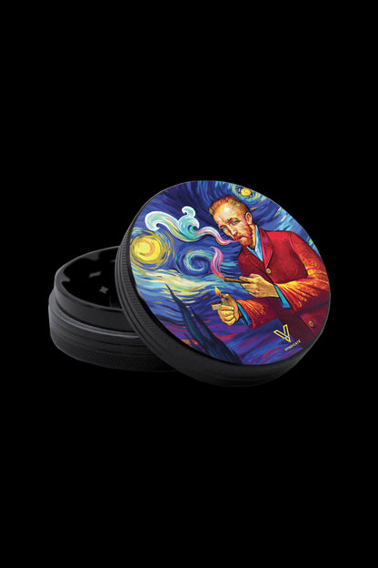 A black grinder featuring a vibrant, artistic depiction of Vincent van Gogh smoking, inspired by his “Starry Night” painting.