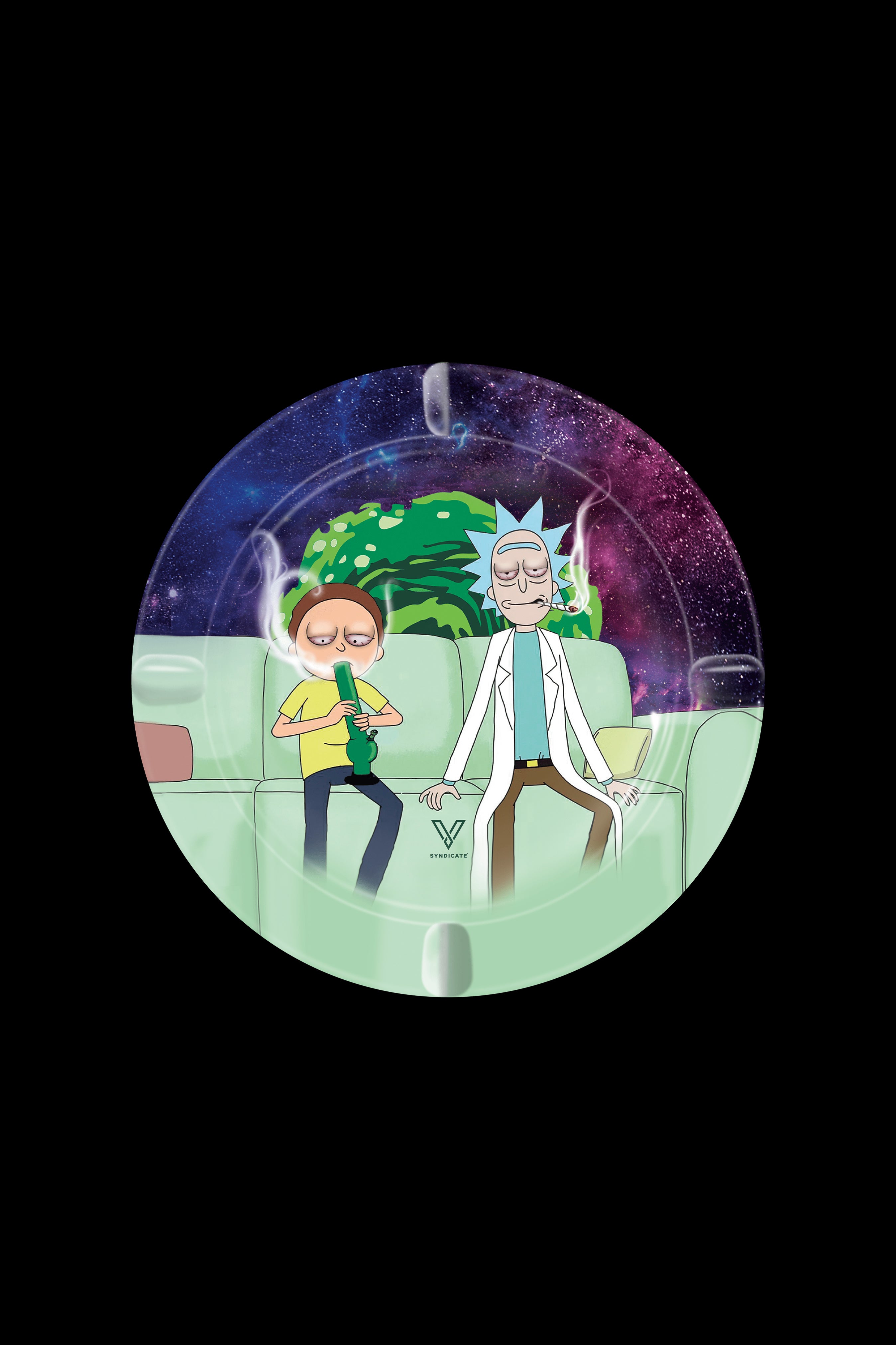 Rick and Morty smoking in a spaceship, with a cannabis brand logo centered below.