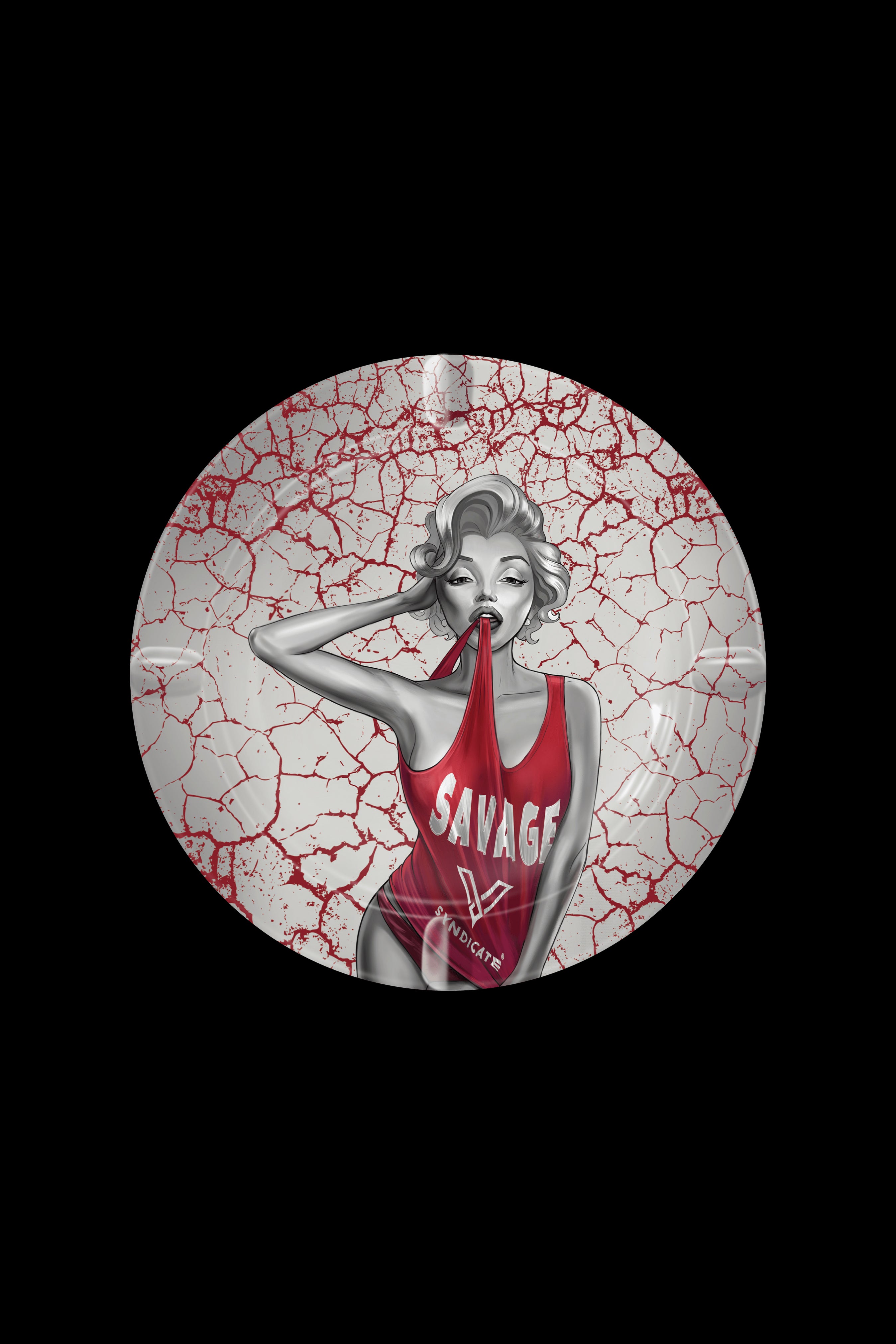 Round sticker featuring a stylized Marilyn Monroe illustration wearing a red tank top with "SAVAGE" and a cannabis leaf design, set against a cracked red background.