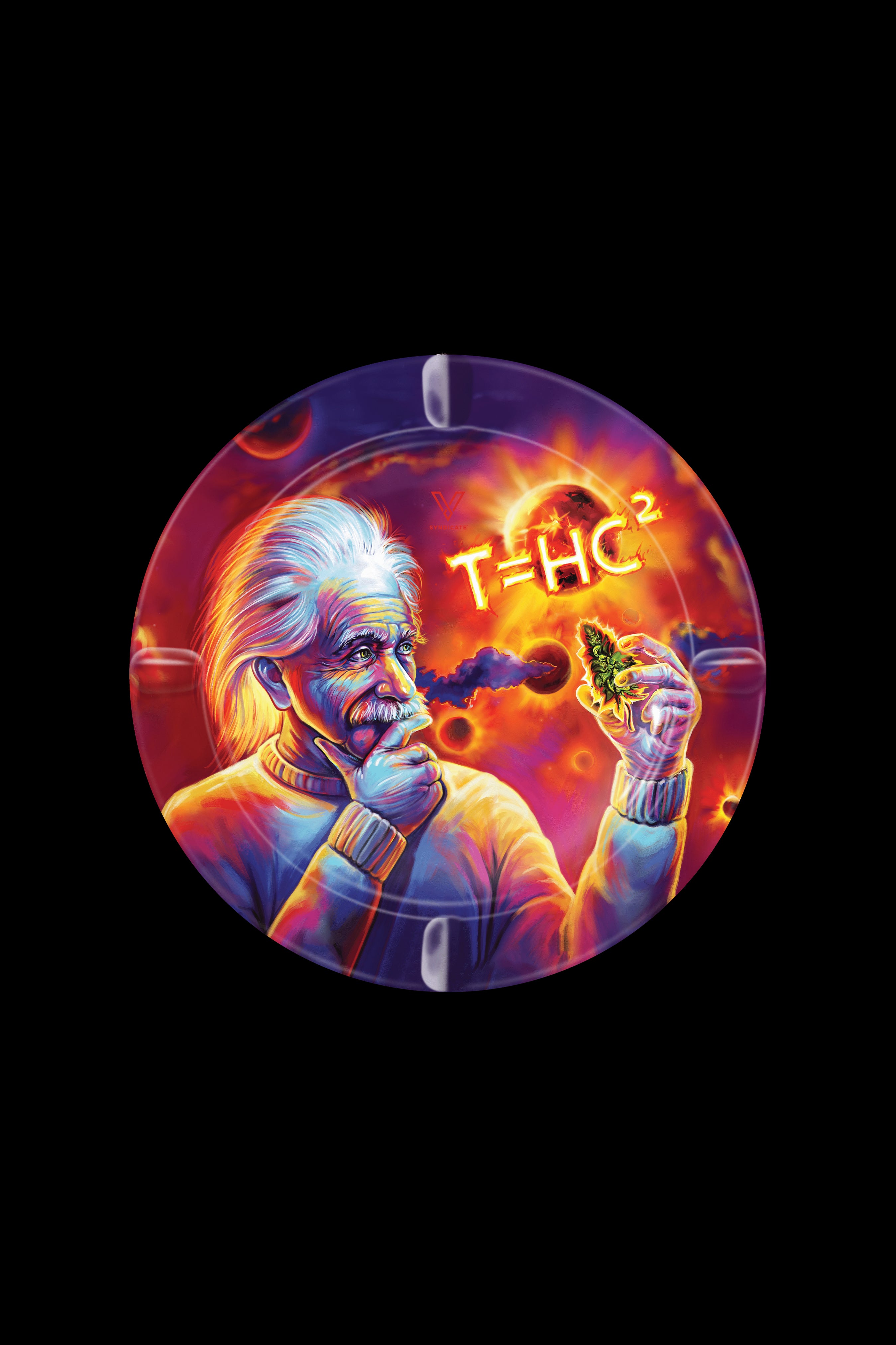 A round glass smoking plate depicts Albert Einstein with glowing hair, smoking a pipe and holding a cannabis bud, overlaid with the equation “T=HC²” in a psychedelic, colorful style.