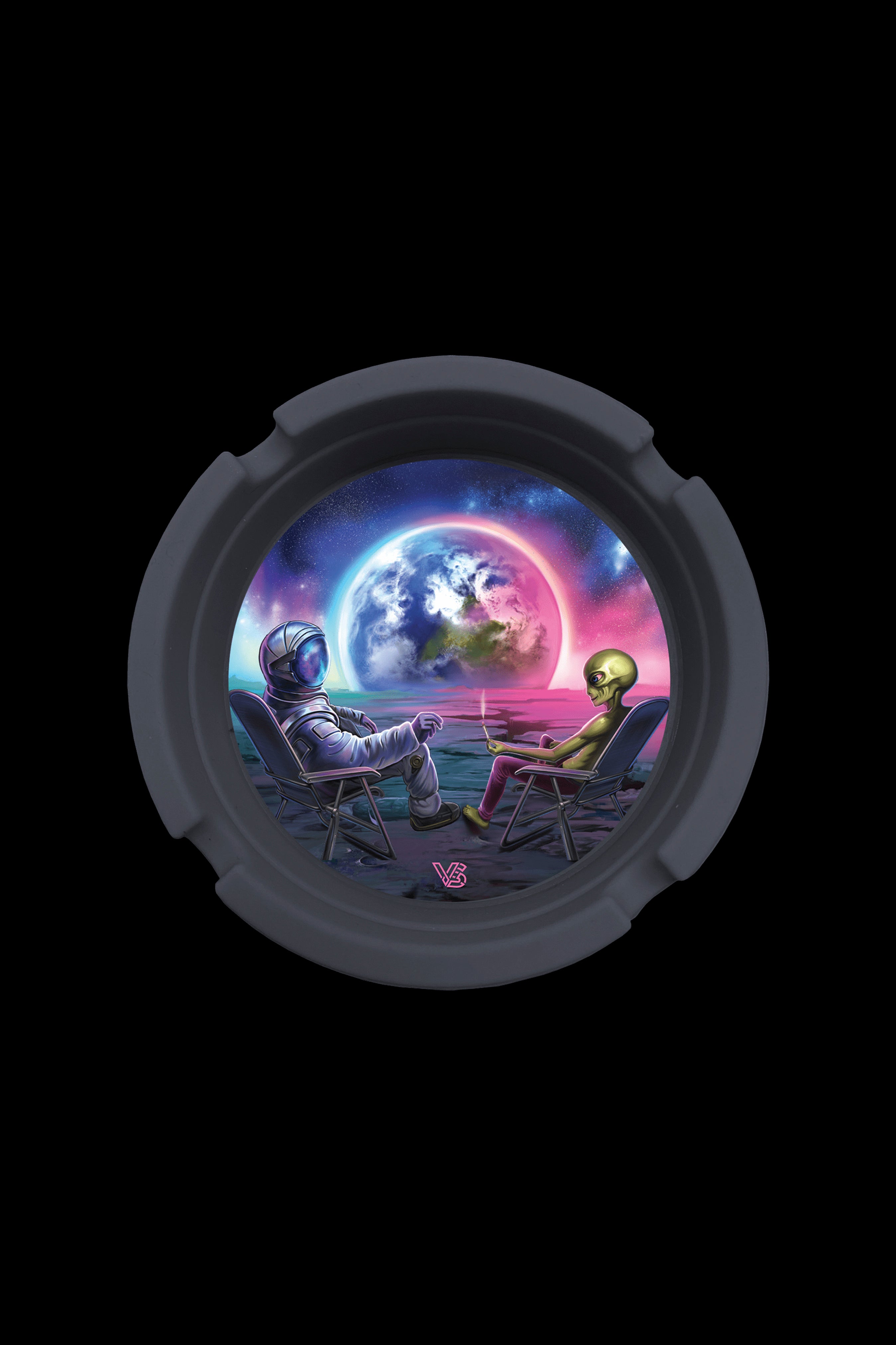 A circular cannabis ashtray depicts an astronaut and alien relaxing in lawn chairs on the moon, gazing at Earth amidst a vibrant, cosmic backdrop."