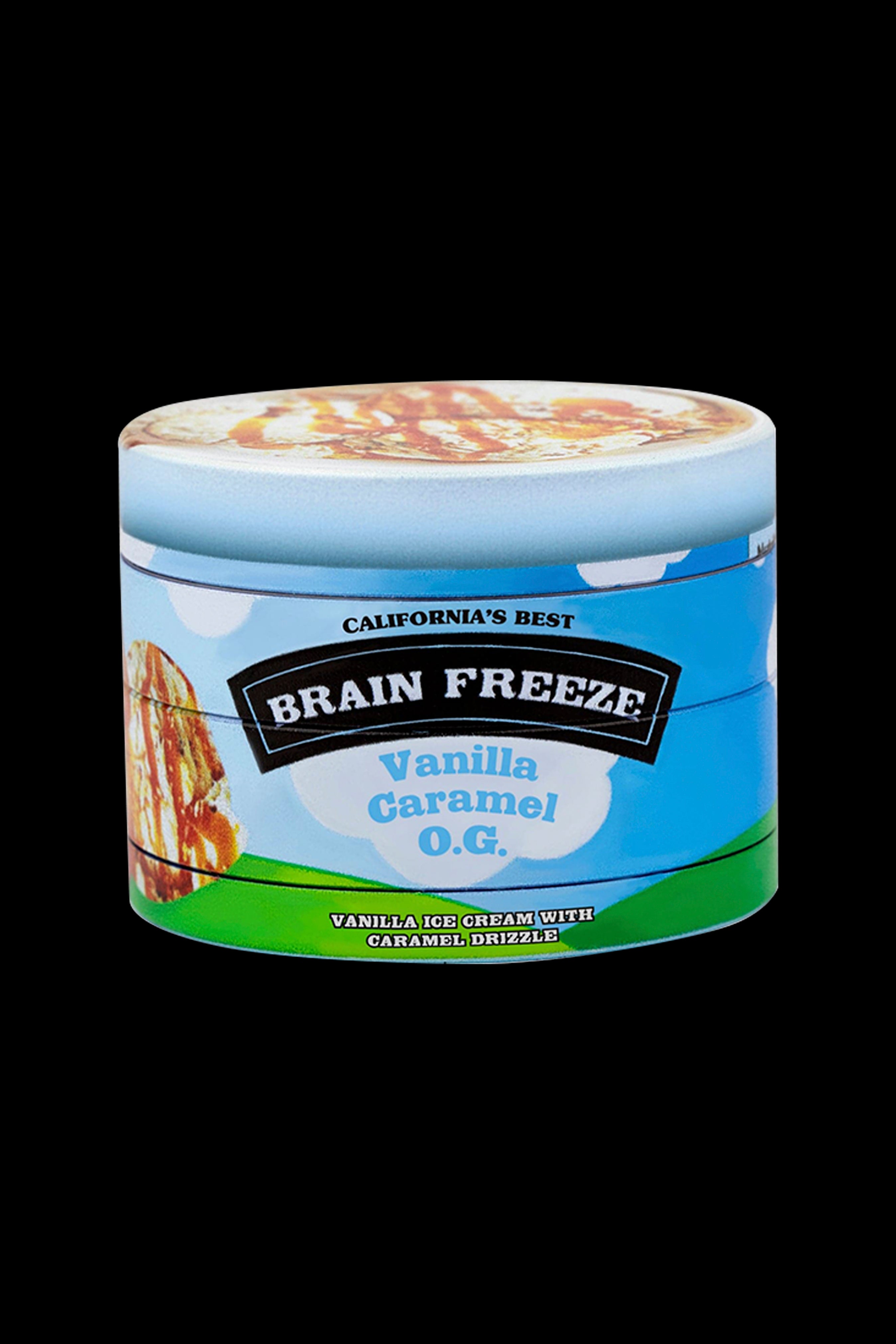A pint of “Brain Freeze” vanilla caramel ice cream with cannabis-themed branding.