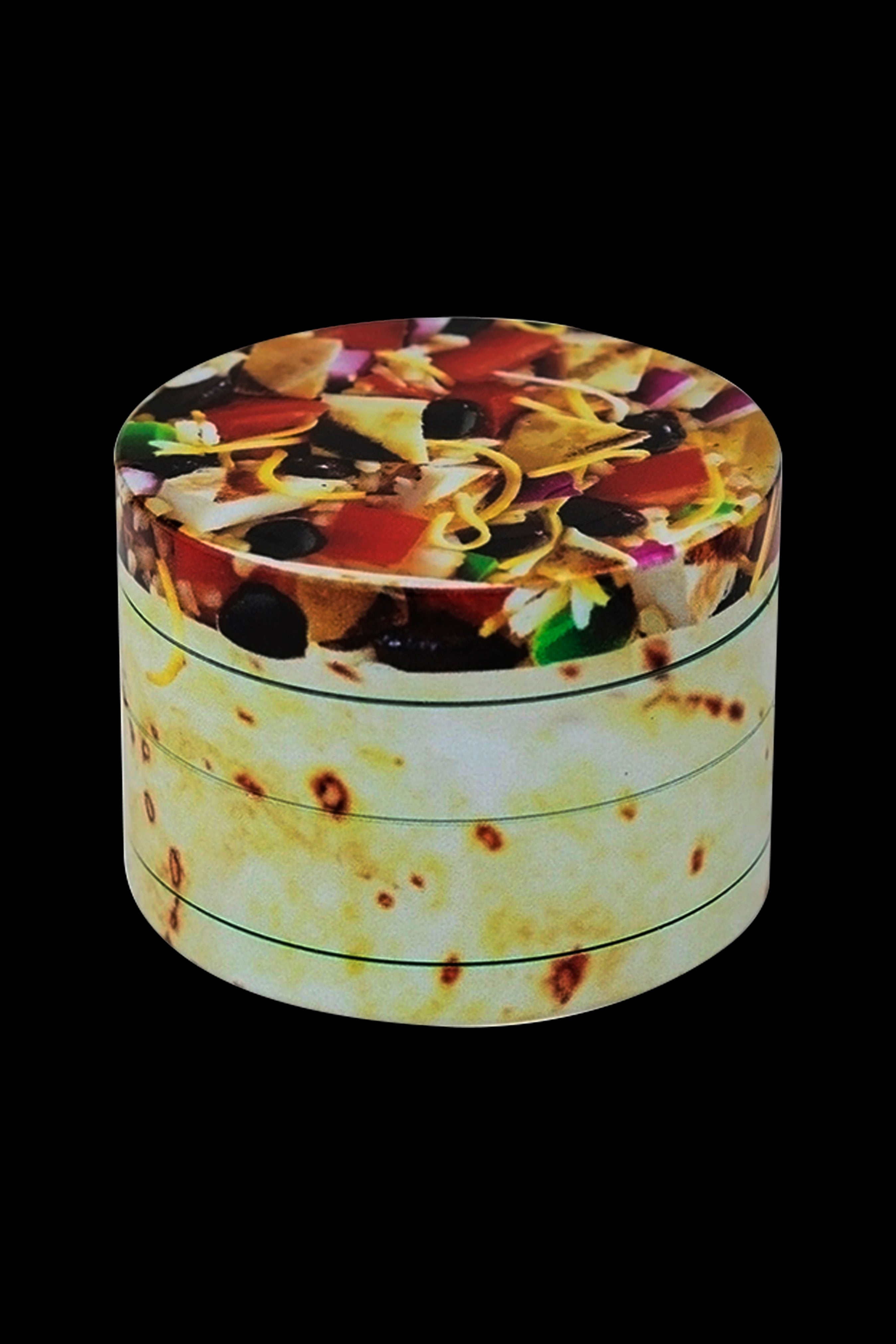 Cannabis grinder with a nacho and cheese design.
