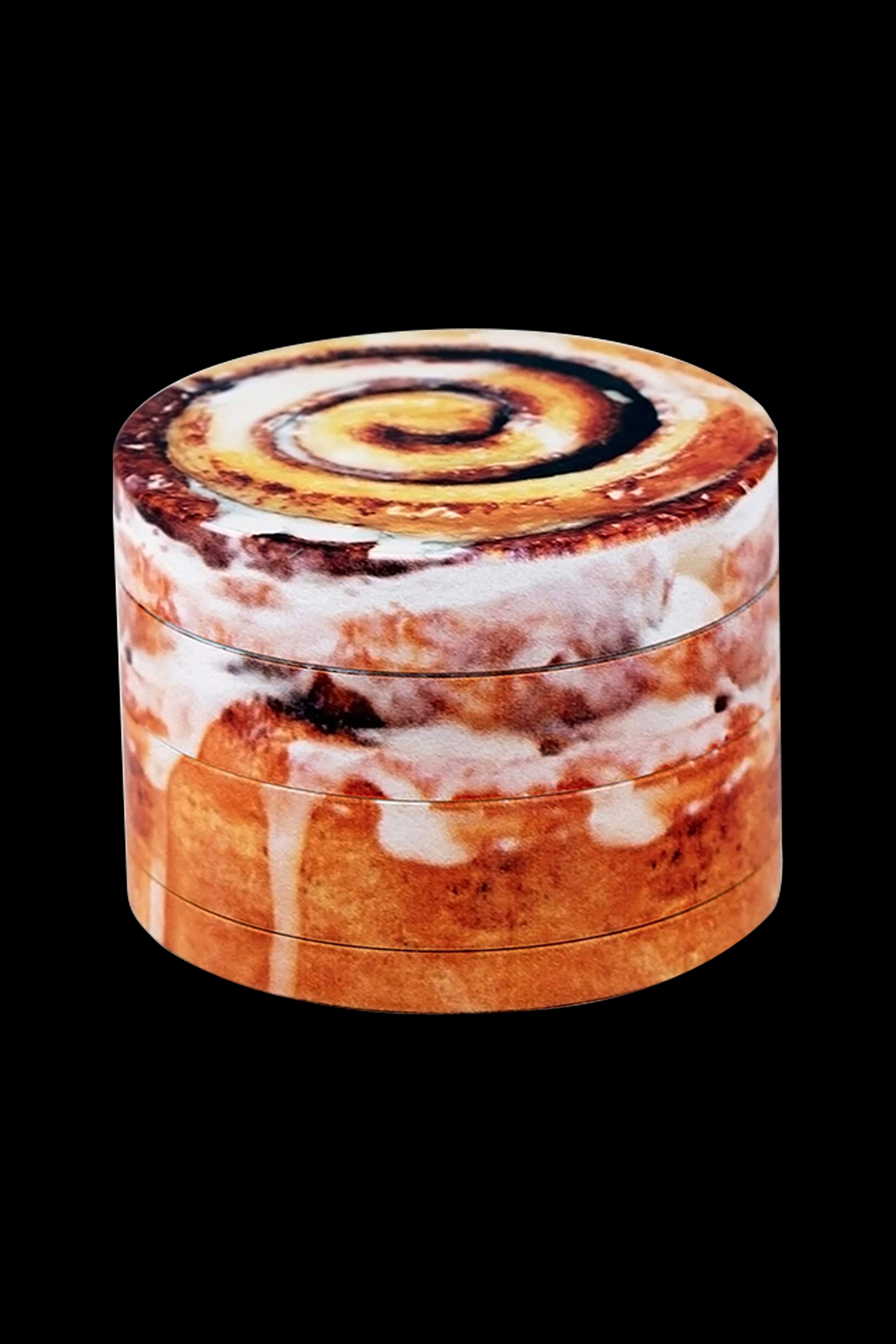 Cannabis grinder with a cinnamon roll pattern.
