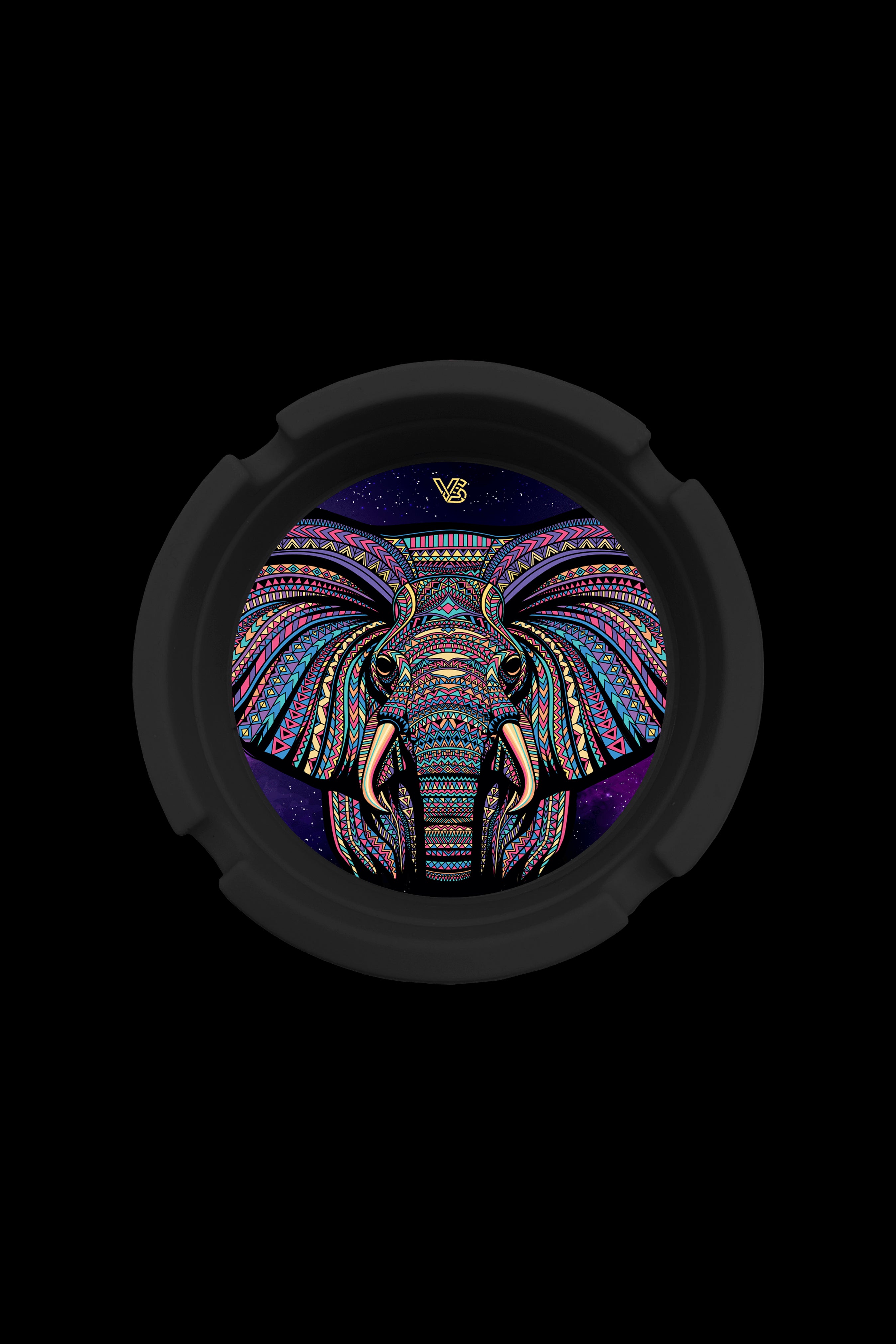 A circular, black cannabis accessory case featuring a vibrant, psychedelic elephant head design composed of intricate geometric patterns in blues, pinks, and purples.