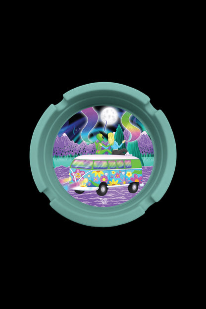 Psychedelic cannabis-themed ashtray featuring a vibrant van scene with alien figures and mountainous landscape.