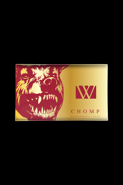 Gold cannabis packaging box featuring a snarling bear illustration and the text “CHOMP WONDERRETT & RUSS”.