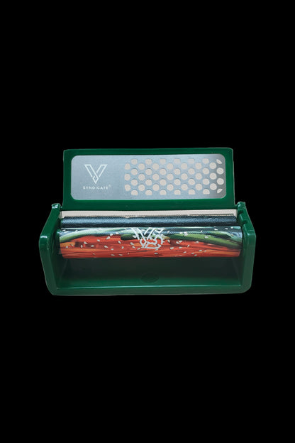 Green cannabis rolling machine with a patterned tray and "Syndicate" logo.
