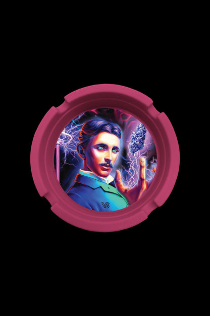 A circular cannabis accessory lid featuring a stylized portrait of Nikola Tesla holding a glowing cannabis bud with electric sparks around him.
