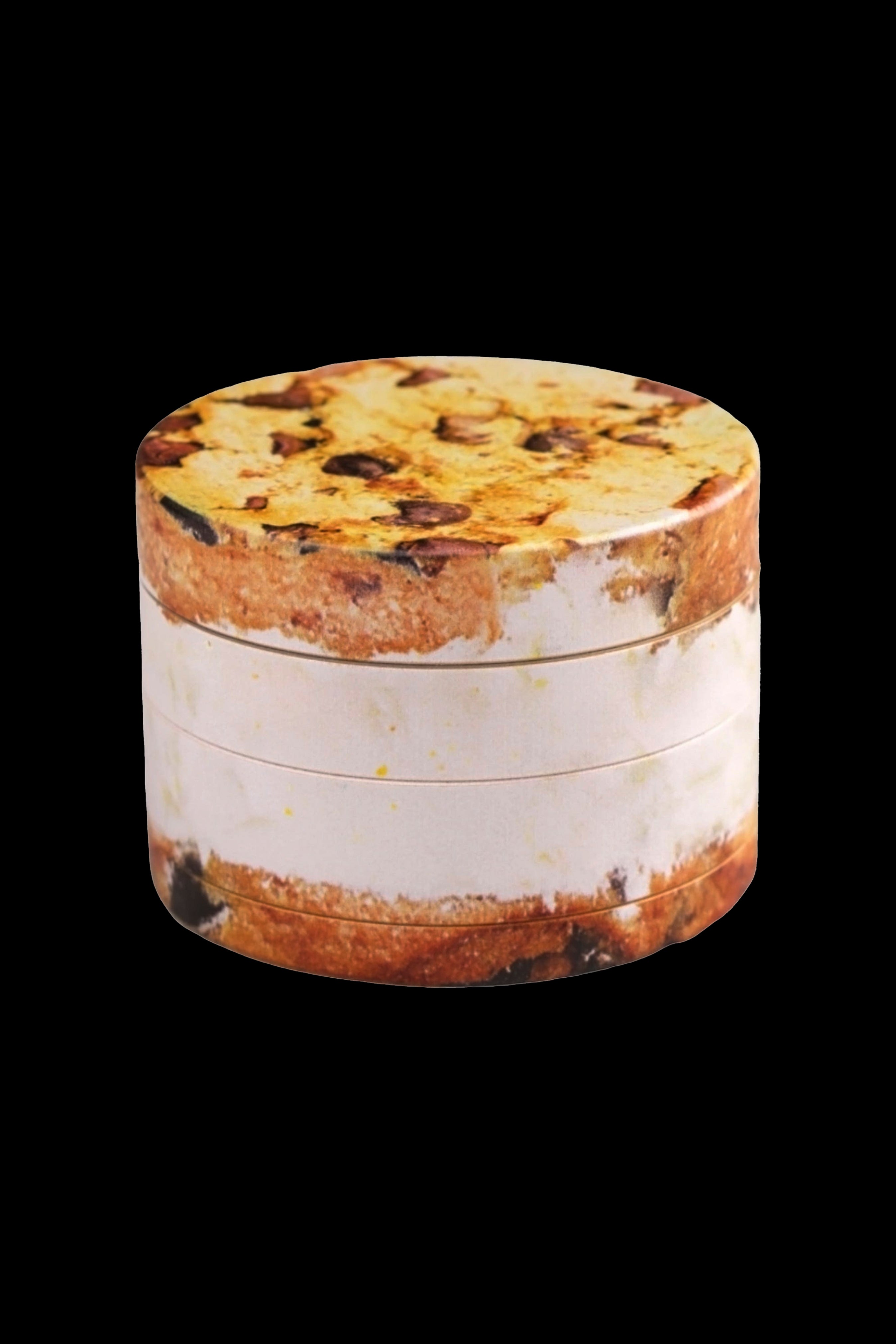 Four-piece metal grinder with a burnt cookie design.