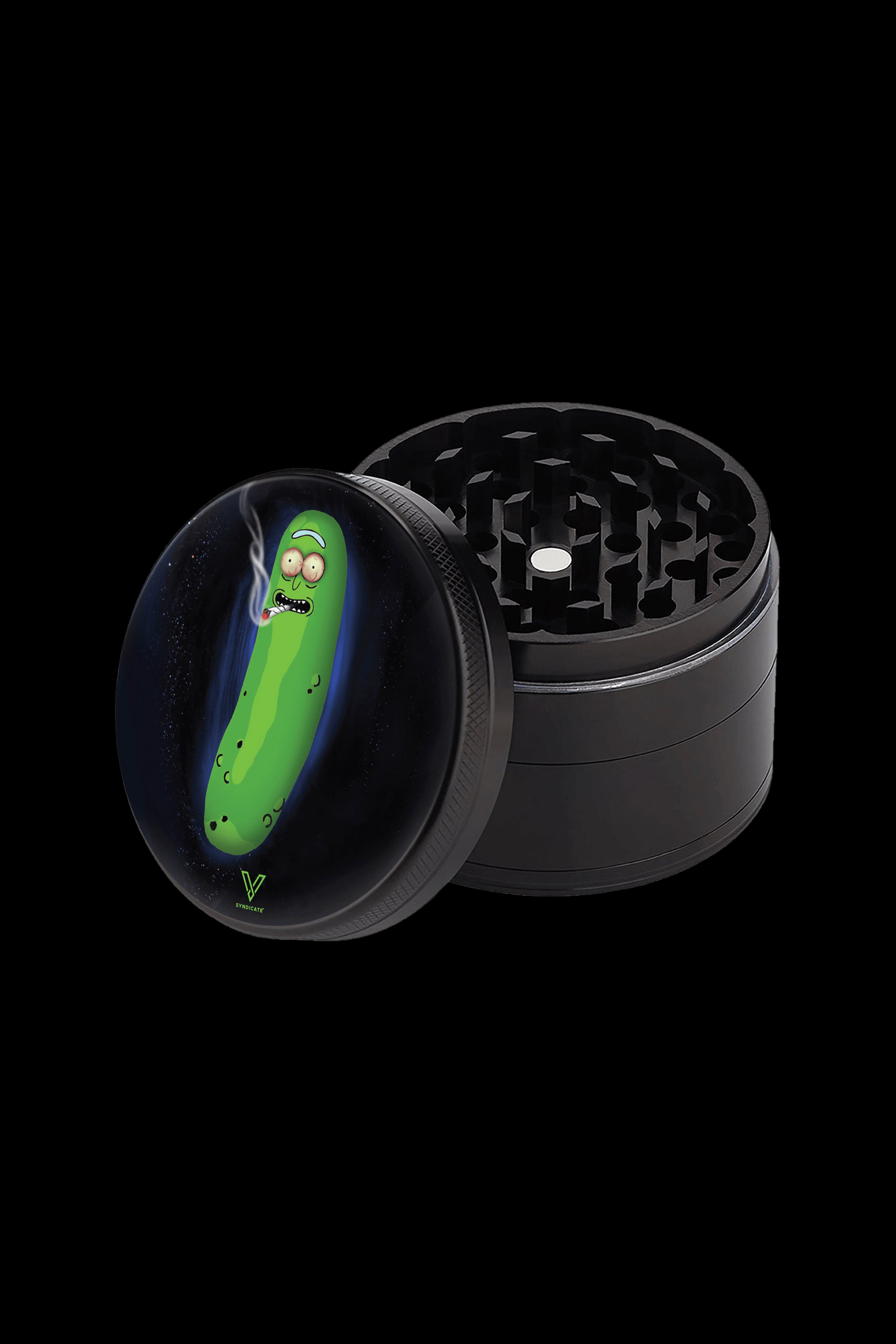 Rick and Morty-themed black metal grinder for cannabis.