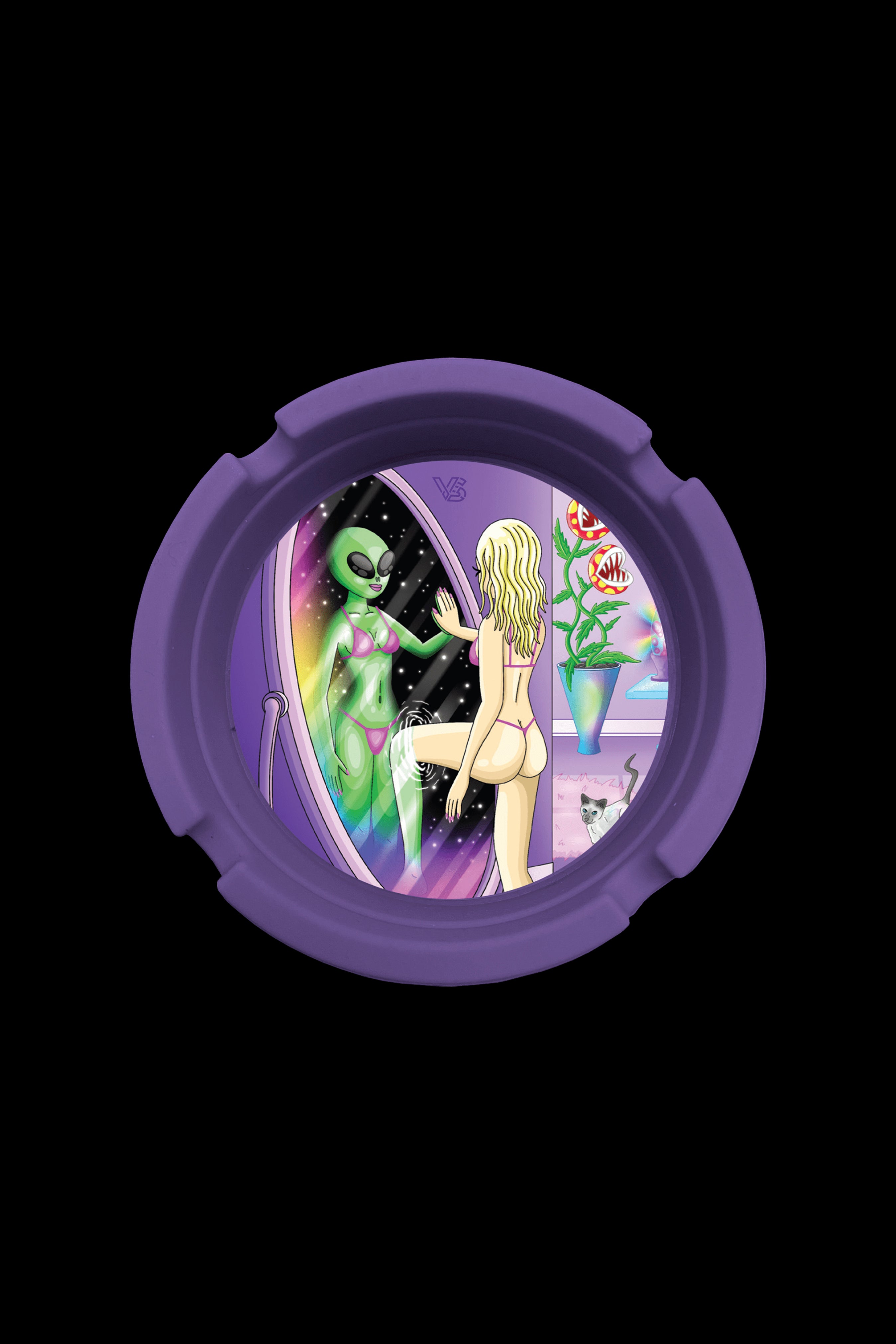 Purple ashtray featuring psychedelic art of a blonde woman greeting an alien near a swirling galaxy and Venus flytrap.
