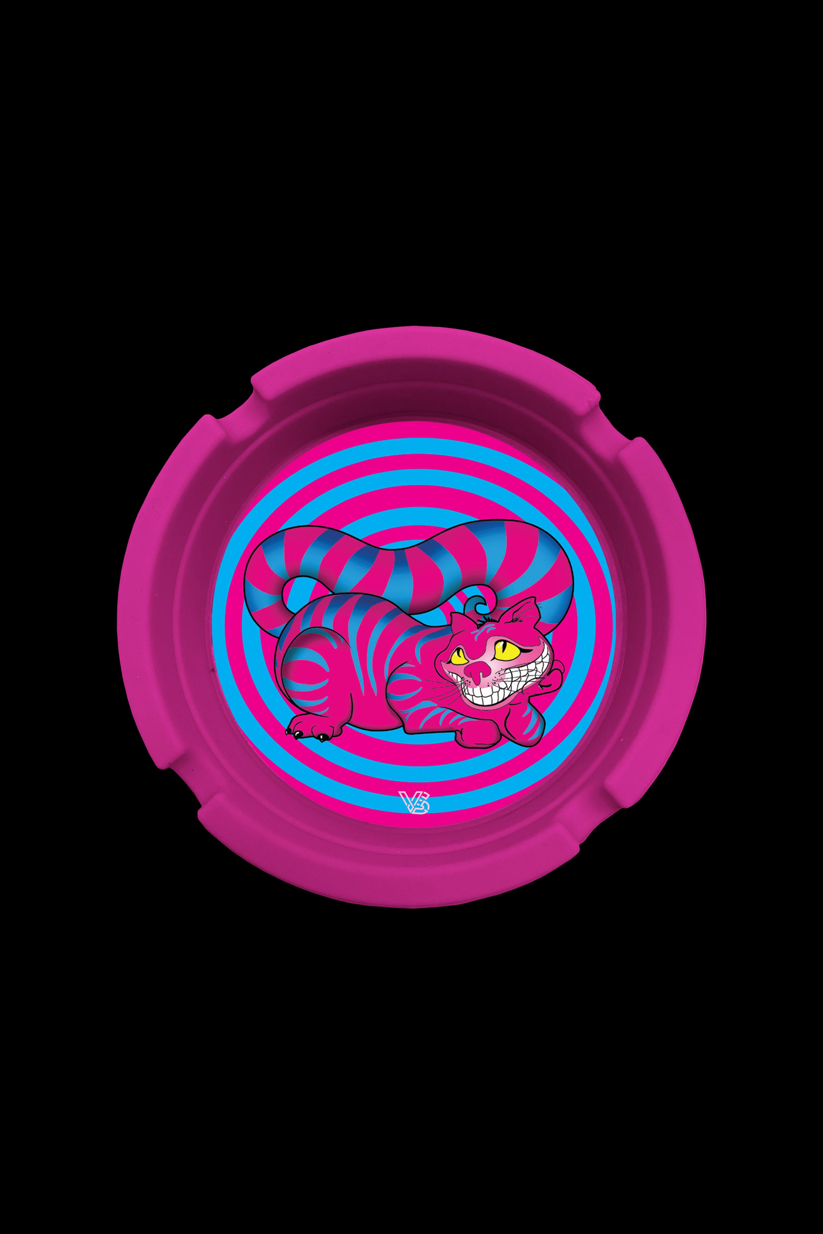 A vibrant, circular ashtray featuring the grinning Cheshire Cat in swirling shades of pink and blue.