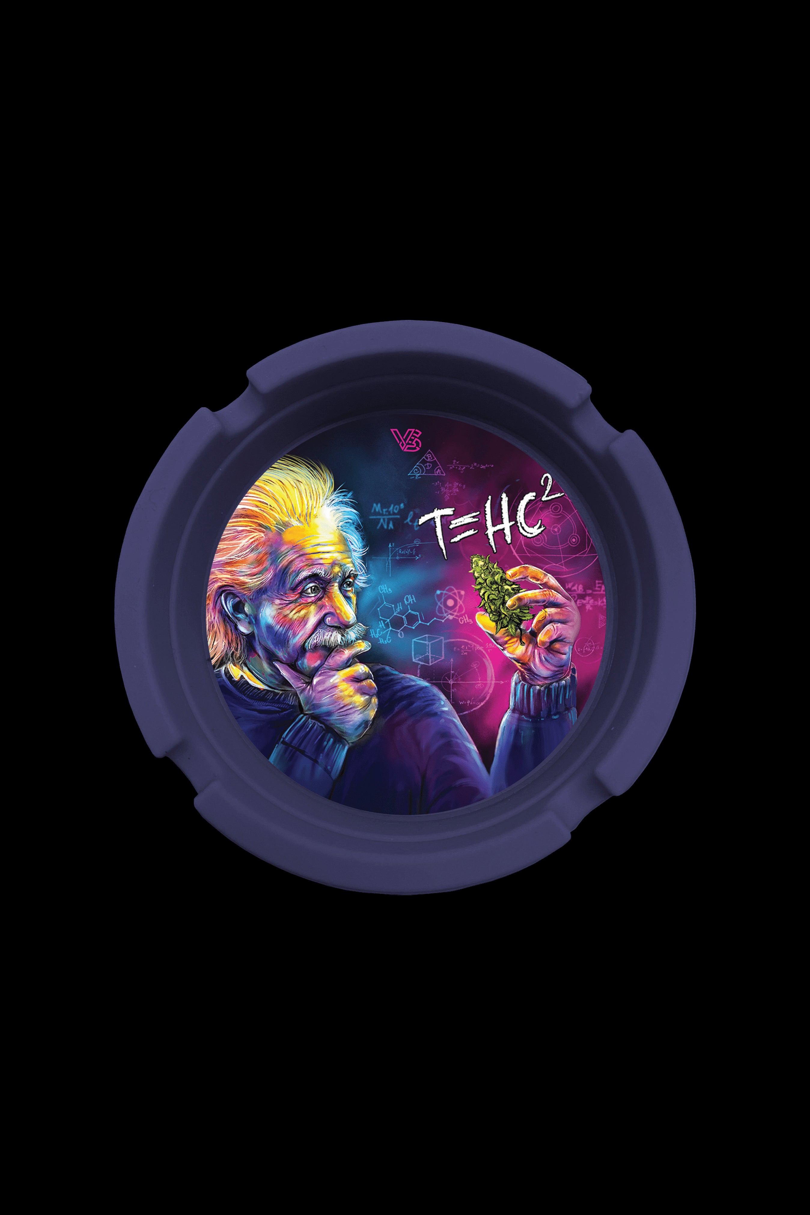 A circular container lid featuring a vibrant, psychedelic portrait of Albert Einstein holding a cannabis bud, with scientific formulas and diagrams surrounding him.
