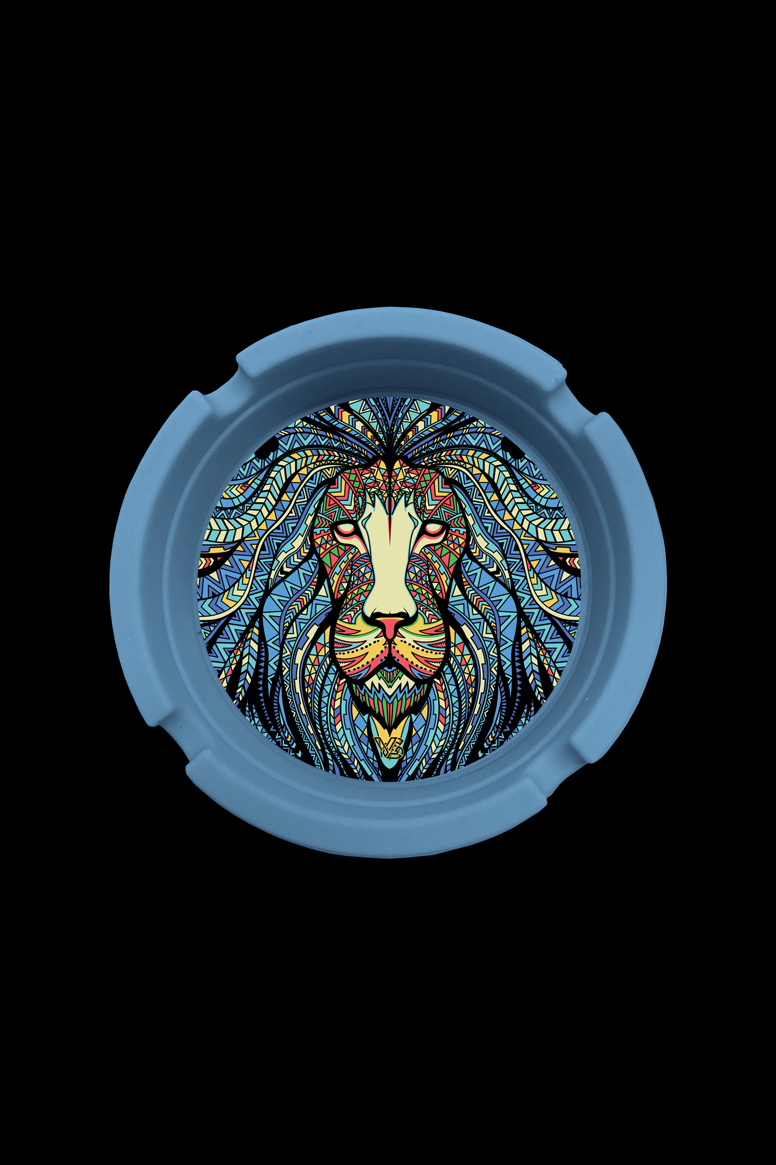 A circular, blue silicone container lid featuring an intricate, colorful lion's head design.