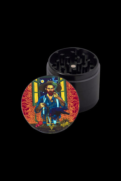 Black cannabis grinder with a vibrant, illustrated lid depicting a figure in a room with botanical elements.