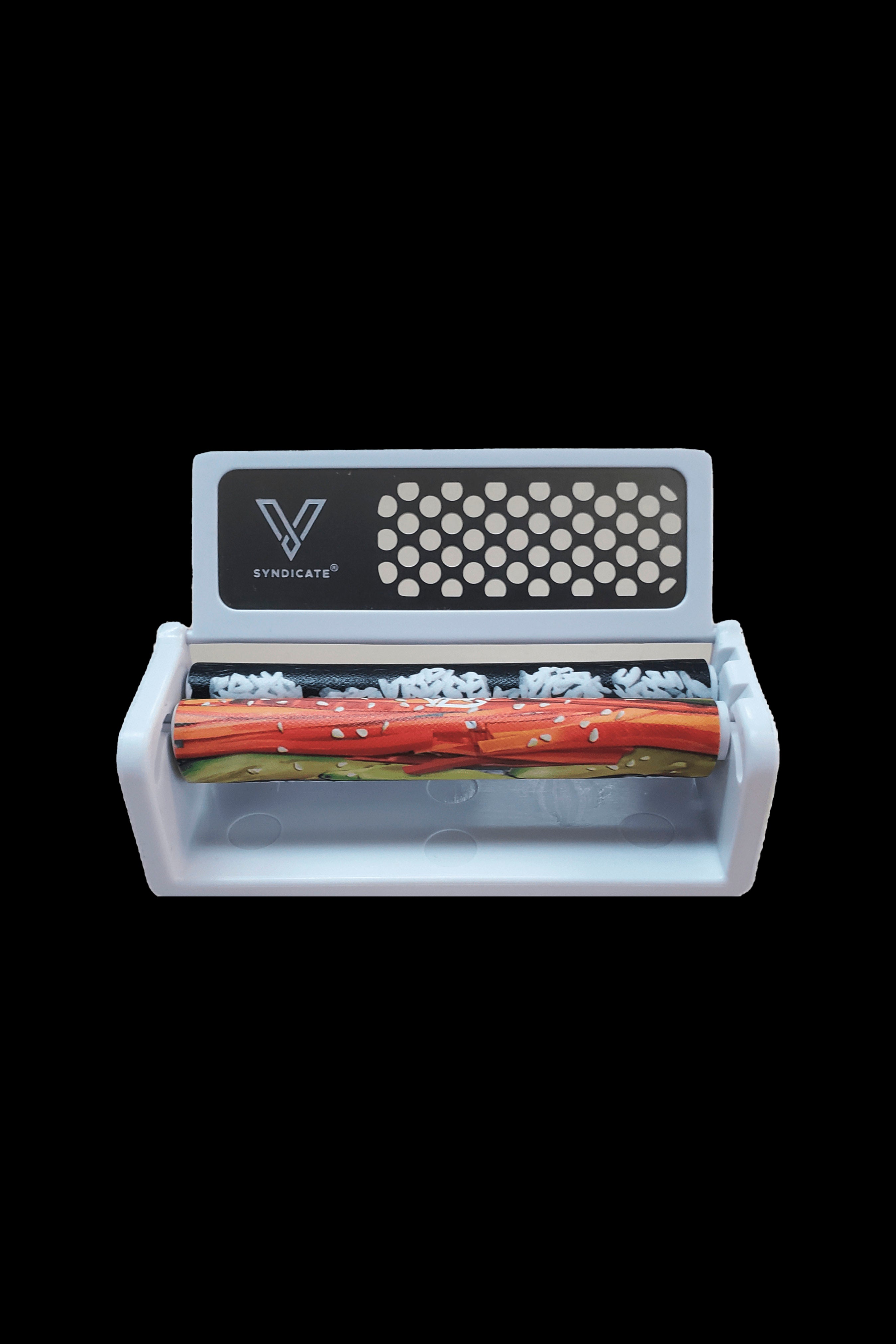 Cannabis rolling machine with pre-rolled cone inside, branded "Syndicate."