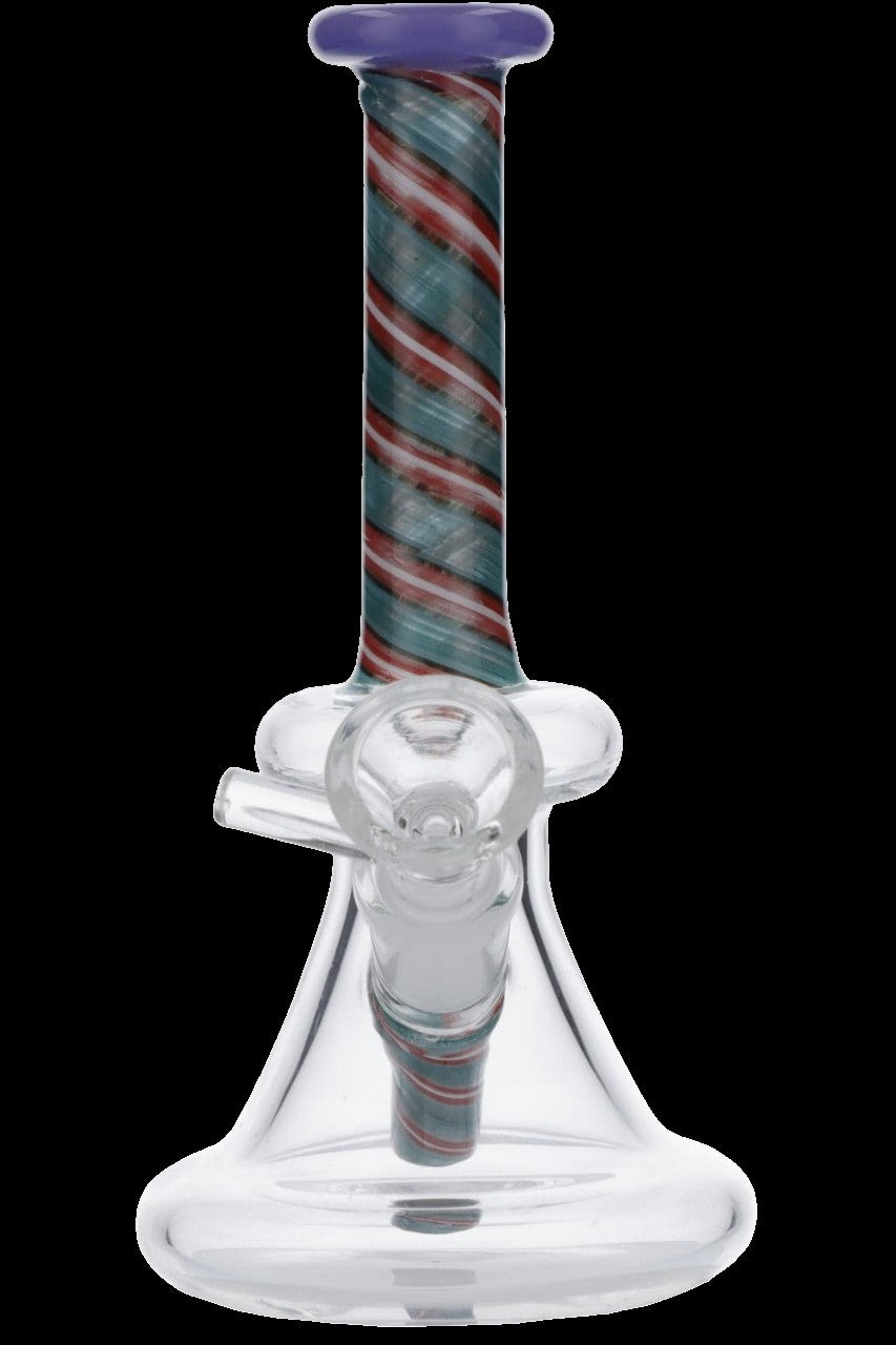 Glass bong with red and green striped neck and base.