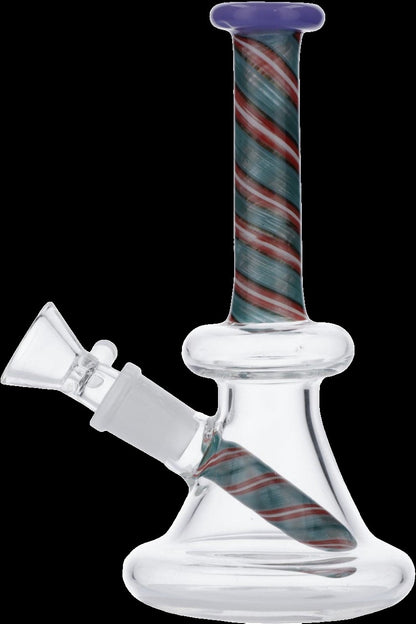 Glass water pipe with red and green striped accents.