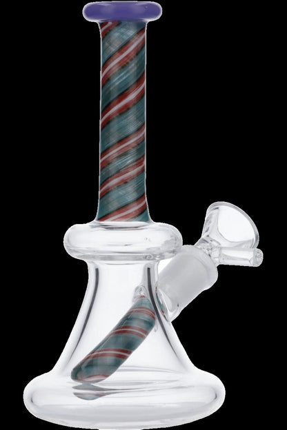 Glass water pipe (bong) with red and green spiral patterns.