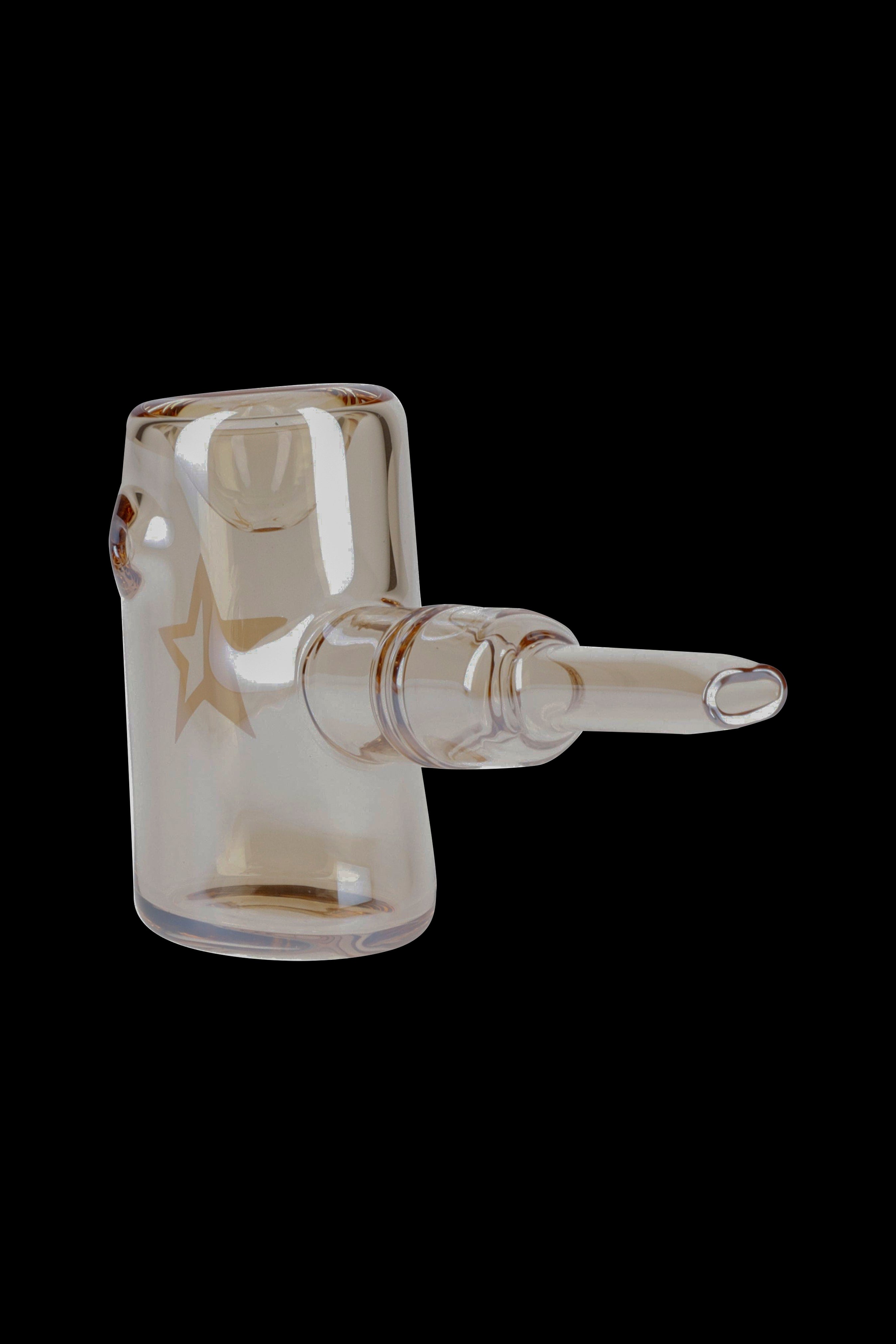 Amber glass bubbler with star decals and a cylindrical mouthpiece.