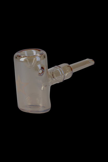 Amber glass bubbler pipe for smoking cannabis.