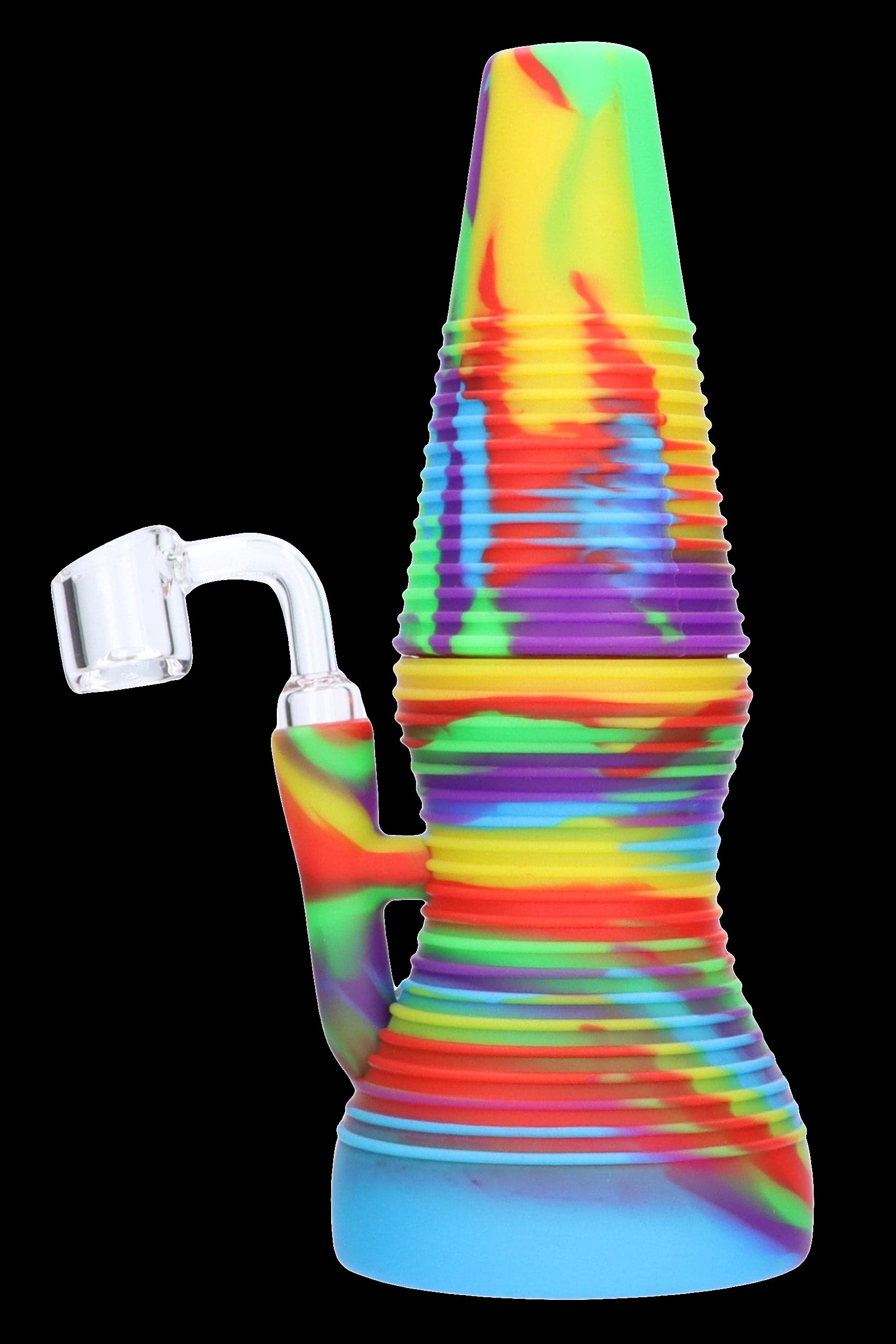 Colorful silicone dab rig with a quartz banger.