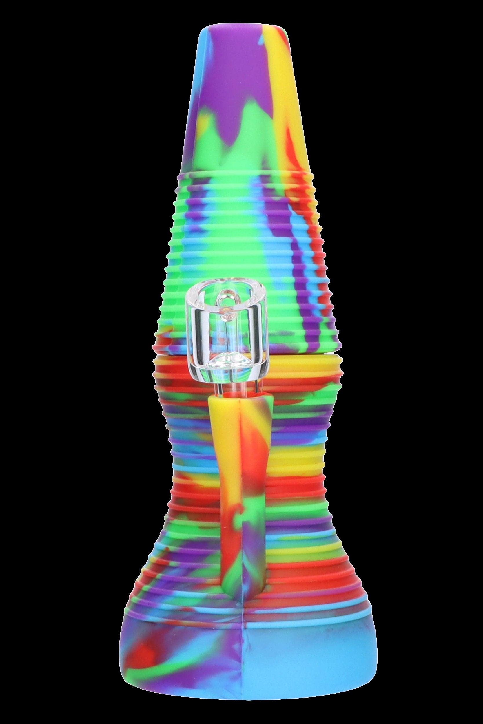 Colorful silicone water pipe with glass mouthpiece.