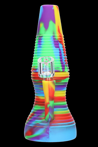 Colorful silicone water pipe with glass mouthpiece.