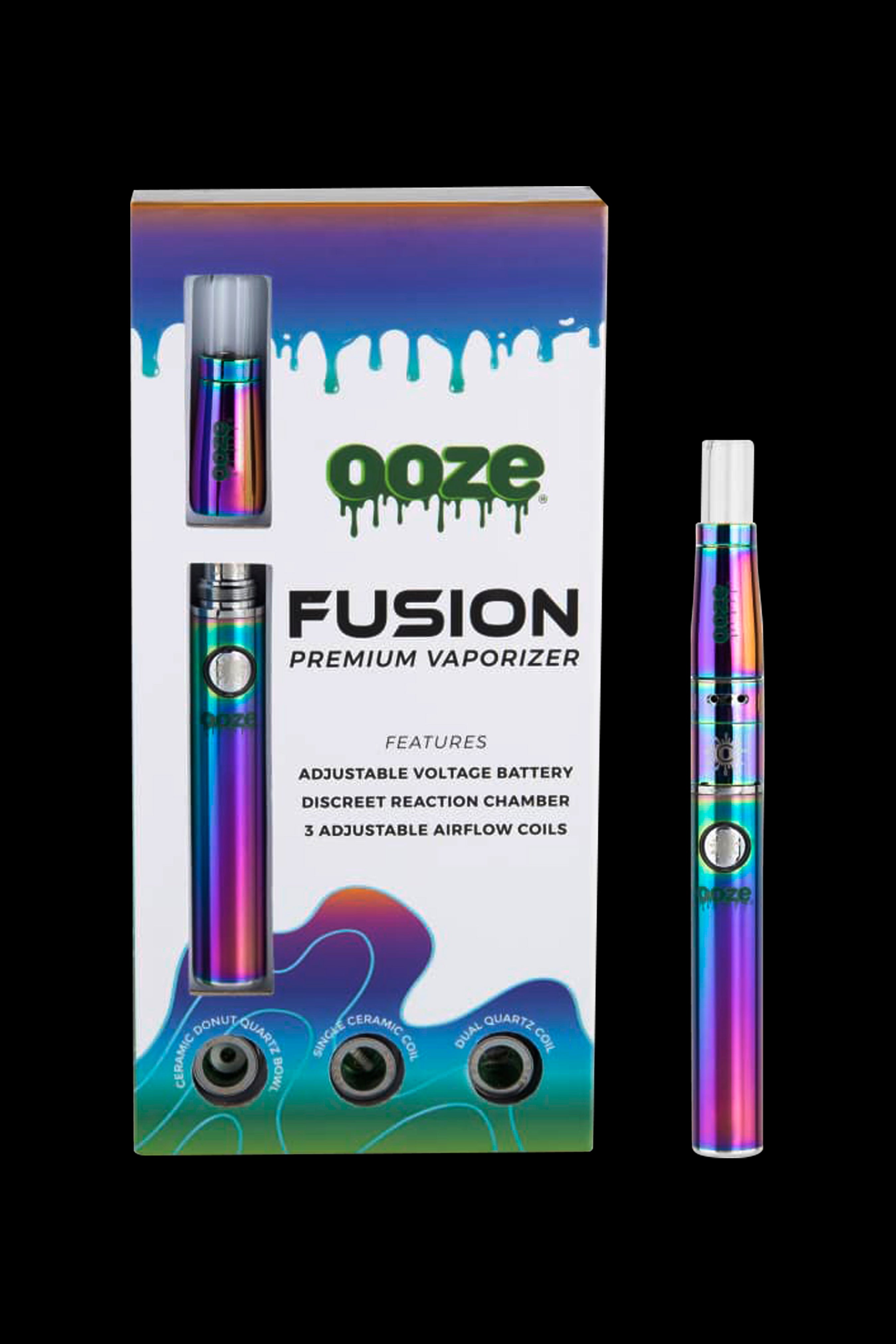 Ooze Fusion premium vaporizer packaging and device, featuring adjustable voltage and airflow coils.